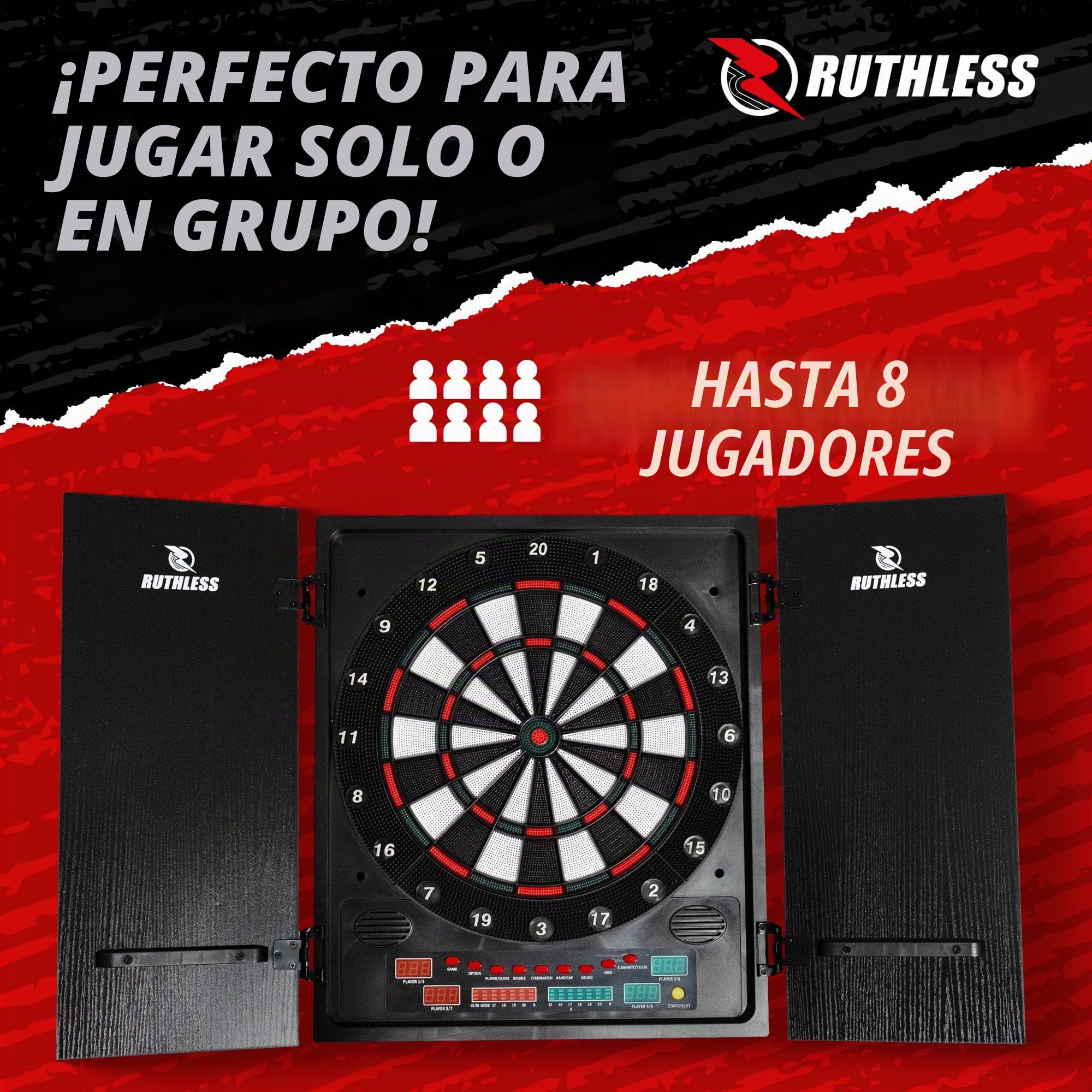 Ruthless - Tablero de dardos electrónico Ruthless R500 en gabinete - Punta blanda - incluye 4 juegos de dardos - para 8 jugadores - 27 juegos
