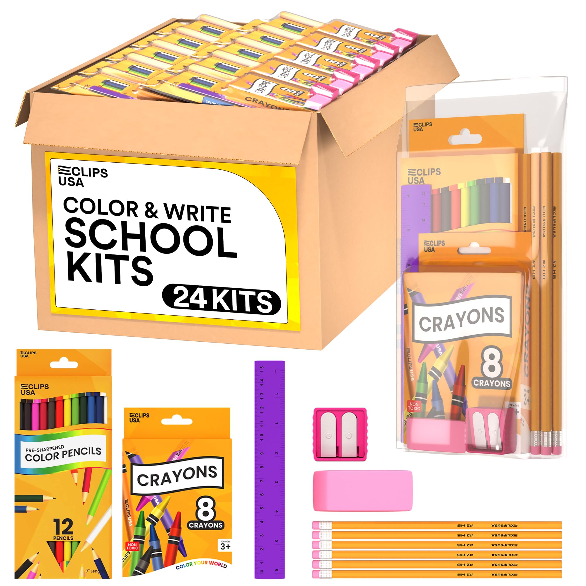 E-CLIPS USA Back to School Supplies Kit for Kids School Supplies Set School Supply Kit Colored Pencils For Kids Color Pencil Set Crayons Bulk for