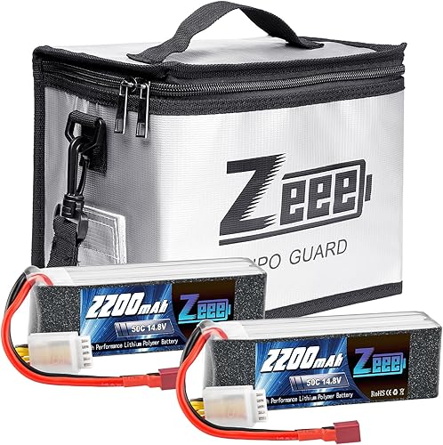 Zeee Batería Lipo RC de 14.8V 50C 2200mAh 4S RC con enchufe T, paquete de 2 baterías con 1 bolsa segura Lipo Bolsa ignífuga a prueba de explosiones