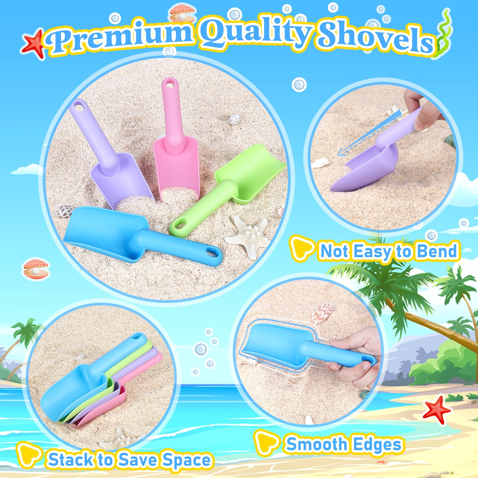 Faltbare Strandeimer für Kinder, 4 Packungen, faltbare Sandeimer und Schaufeln mit Netz-Strandtasche, Silikon-Sandeimer für Kleinkinder, Strandspielzeug, Ostereiersuche, Camping, Reisen, Angeln