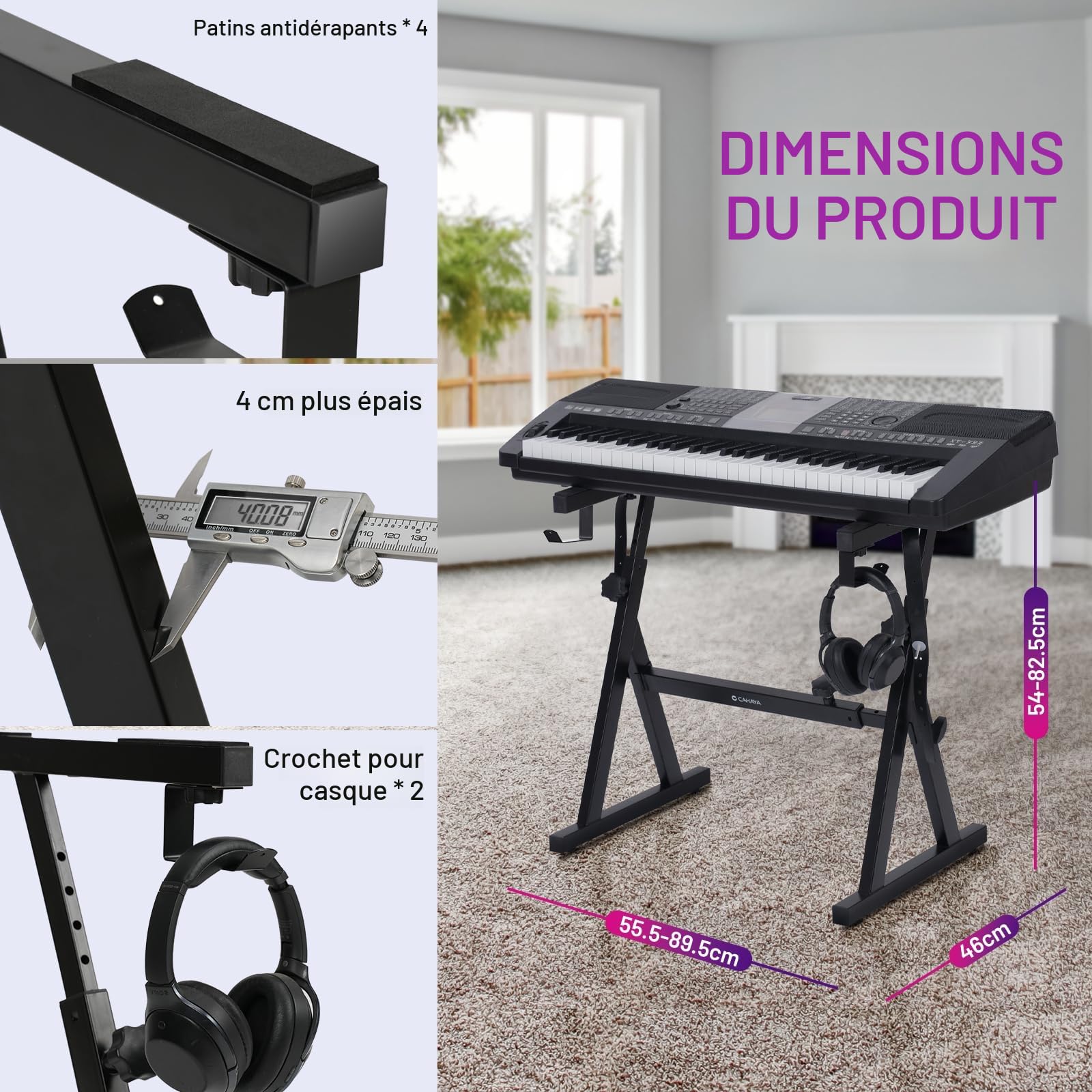 CAHAYA Support de clavier réglable amélioré, capacité de charge 113 kg : support de clavier 4 cm d'épaisseur double en Z, hauteur réglable longueur réglable pour piano numérique 61 76 88 touches