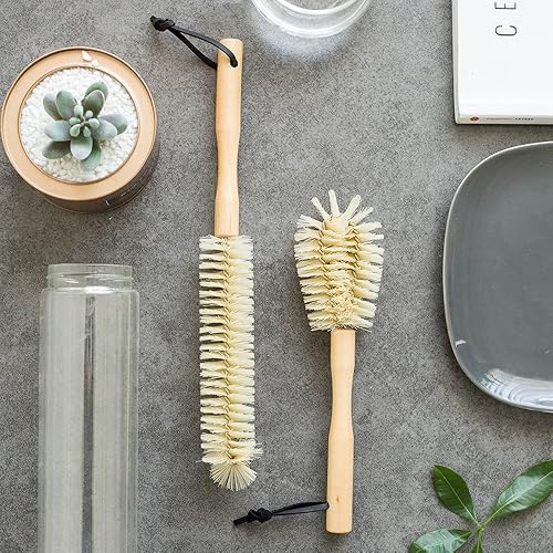 Miniatura 3 de Paquete de 2 cepillos limpiadores de botellas con mango de madera para el hogar, cocina, tazas, vasos, biberón