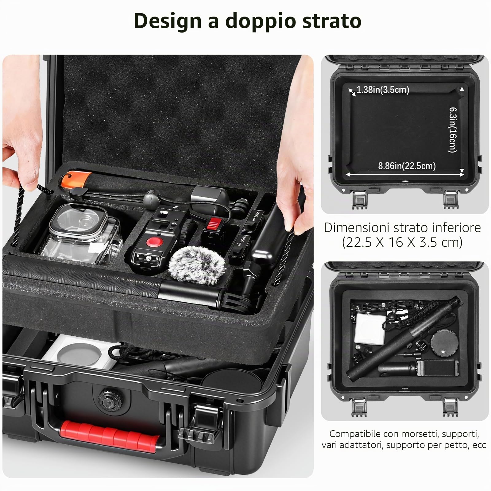 AMAZEAR Custodia rigida impermeabile per DJI Osmo Action 6 accessori, nero | Custodia rigida da viaggio a doppio strato antiurto con interno in EVA morbido, tracolla inclusa