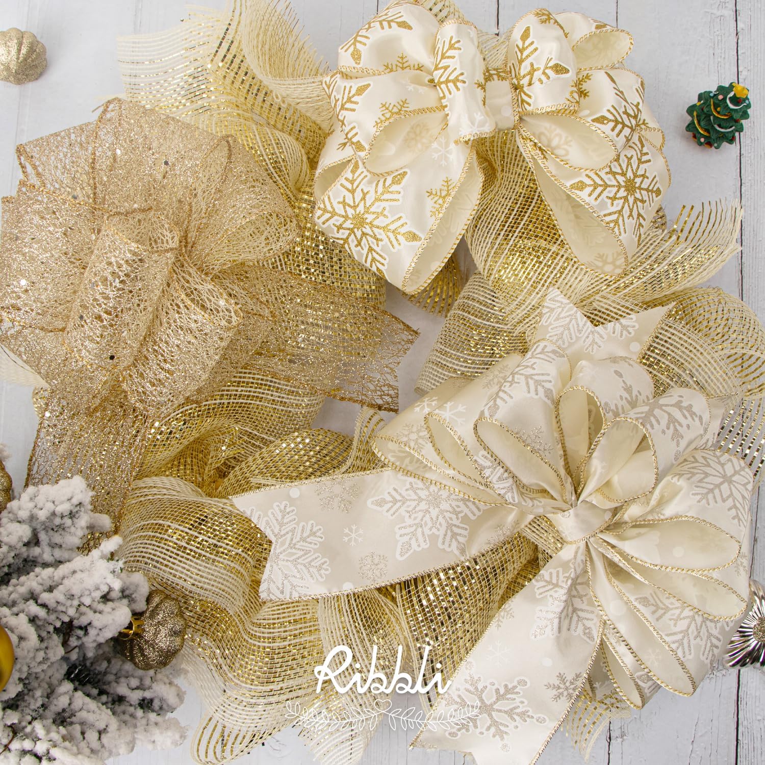 Ribbli Champagne Gold Wired Ribbon for Christmas Tree, Glitter Mesh Snowflake Stripe Christmas Ribbon for Crafts, Wreaths, Topper Bow, Gift Wrapping, Tree Decoration-4Rolls 2-1/2 Inch Total 40 Yard