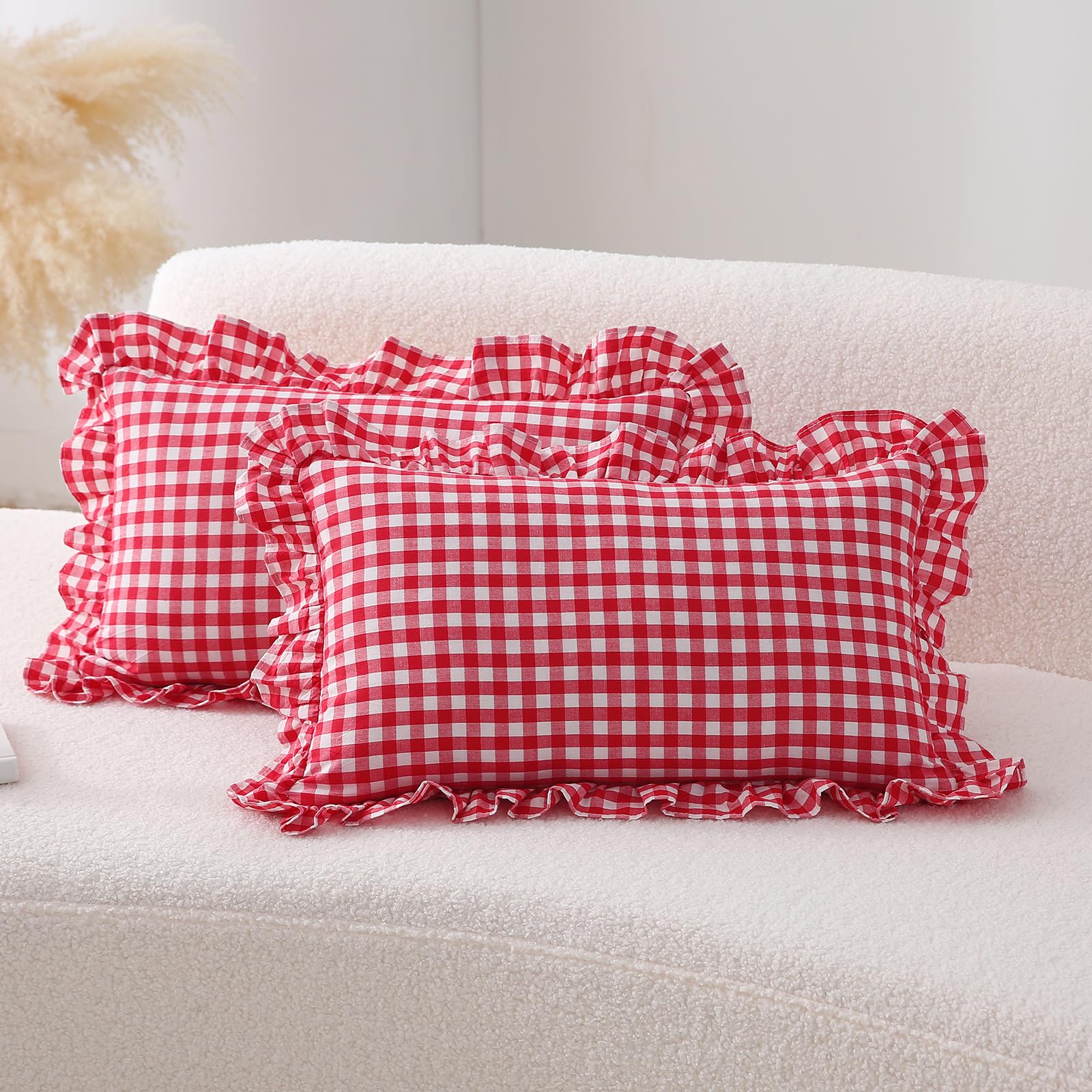 Amazon.com: K MASANIJI 2 Pack Red Plaid Ruffle Gingham Lumbar