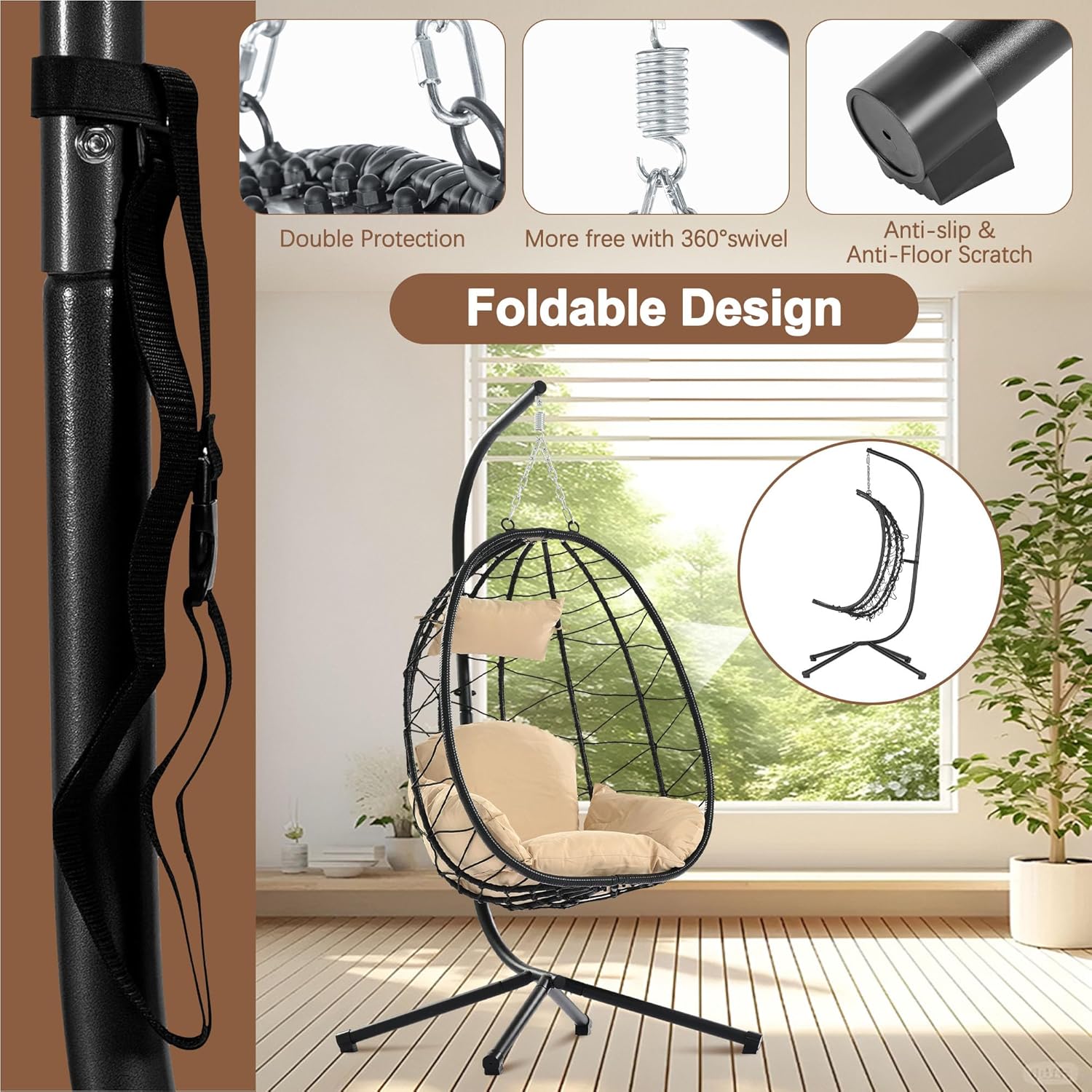 Hanging Egg Chair Indoor Outdoor with Stand, Patio Rattan Wicker Egg Swing Chair Hammock Chair with UV Resistant Thicken Comfy Cushions, Waterproof, Ideal for Bedroom Garden Porch Balcony, Beige