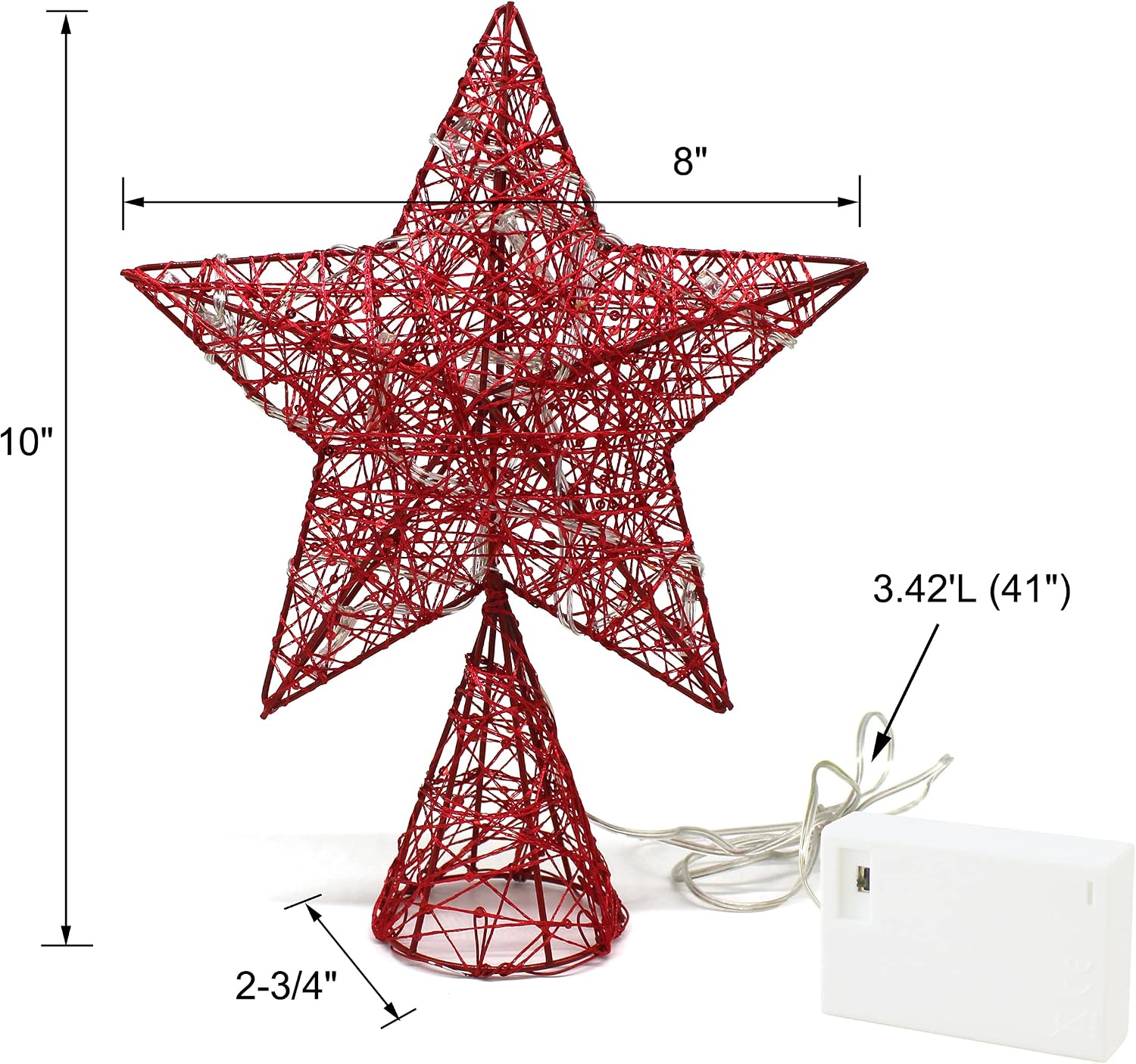 CVHOMEDECO. Red Tree Top Star with Warm White LED Lights and Timer for Christmas Tree Topper Ornaments and Holiday Seasonal Décor, 8 x 10 Inch