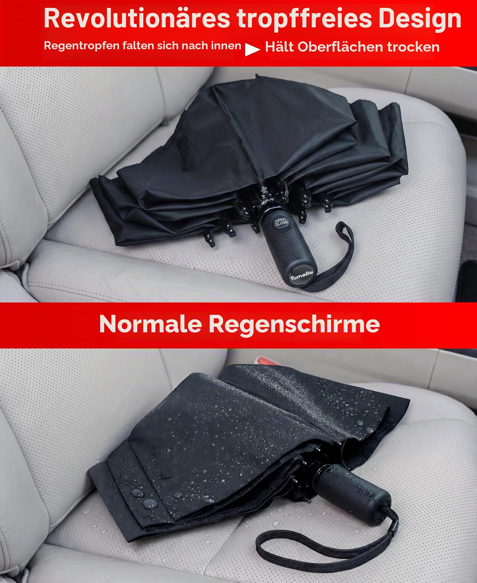 TUMELLA Flip-Proof Inverted Travel Umbrella, Small Strong But Light Portable and Automatic Reverse Folding Rain Umbrella, Durable Premium Grip, Fits Car & Backpack