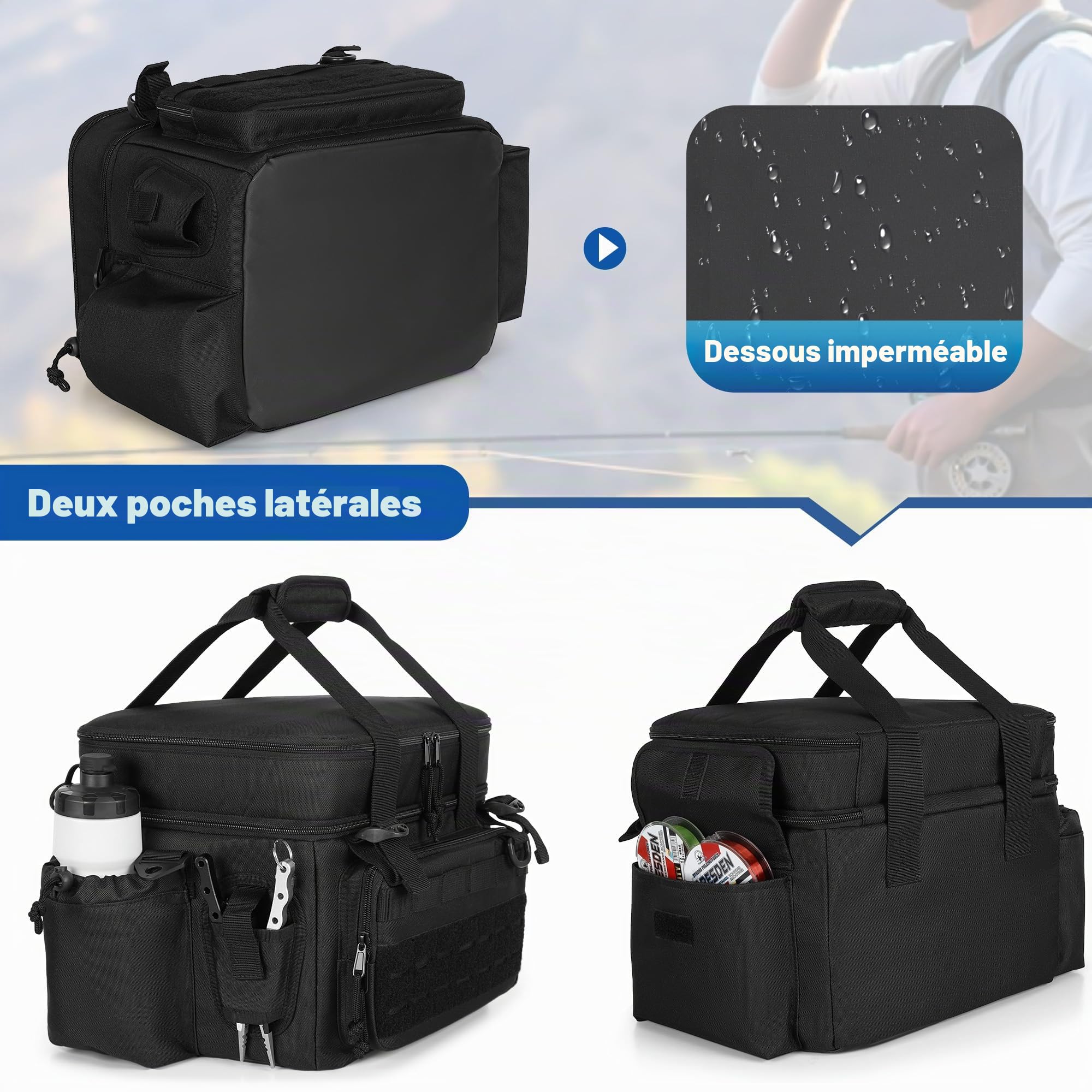 DSLEAF Sac de Pêche pour Boîtes de Pêche 3500/3600 (Sac Uniquement) | Sac Souple avec Fond Imperméable et Sangles de Support de Canne pour La Pêche en Eau Salée ou En Eau Douce