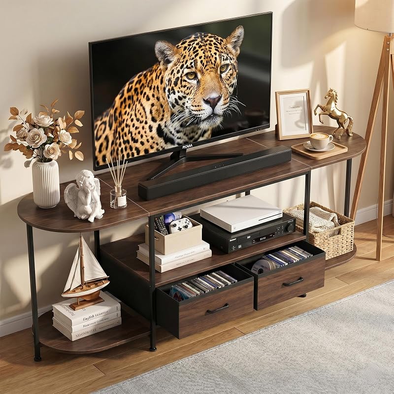 Faesun 63" TV Stand for TVs up to 75 Inches, Curved Edge Media Console & Entertainment Center with 2 Fabric Drawers, Modern TV Console Table for Living Room or Bedroom, Walnut image 2