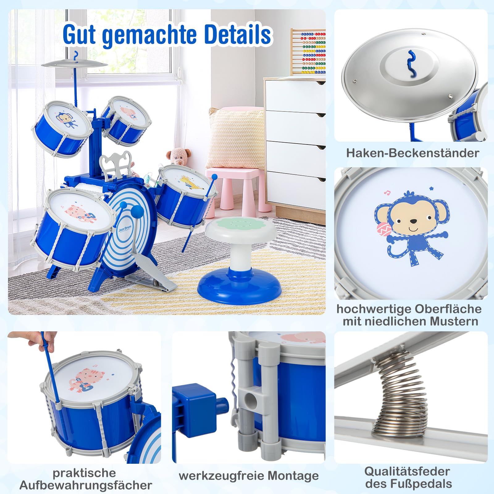 COSTWAY Kinder Schlagzeug Set, Trommel Set mit Hocker, Notenständer & Fußpedal, Schlaginstrument Drum Set für Kinder ab 3 Jahren