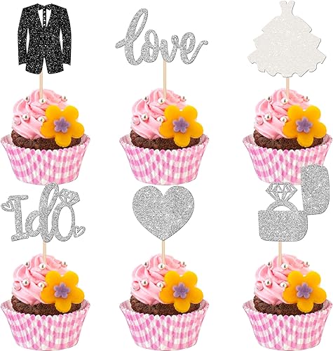 Rsstarxi Paquete de 24 adornos para cupcakes de novia y novio, anillo de amor para novia, vestido de novia y esmoquin, para despedida de soltera,
