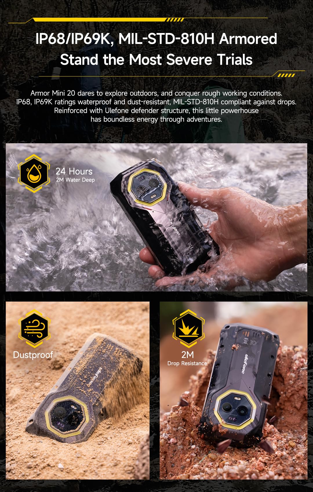 Ulefone Armor Mini 20 4G Smartphone Incassable, Taille de Paume, 16Go+256Go, Batterie 6200mAh Recharge sans Fil, Caméra Vision Nocturne 64MP+50MP, 4,7" HD+90Hz, IP68 Étanche Android 14, NFC GPS
