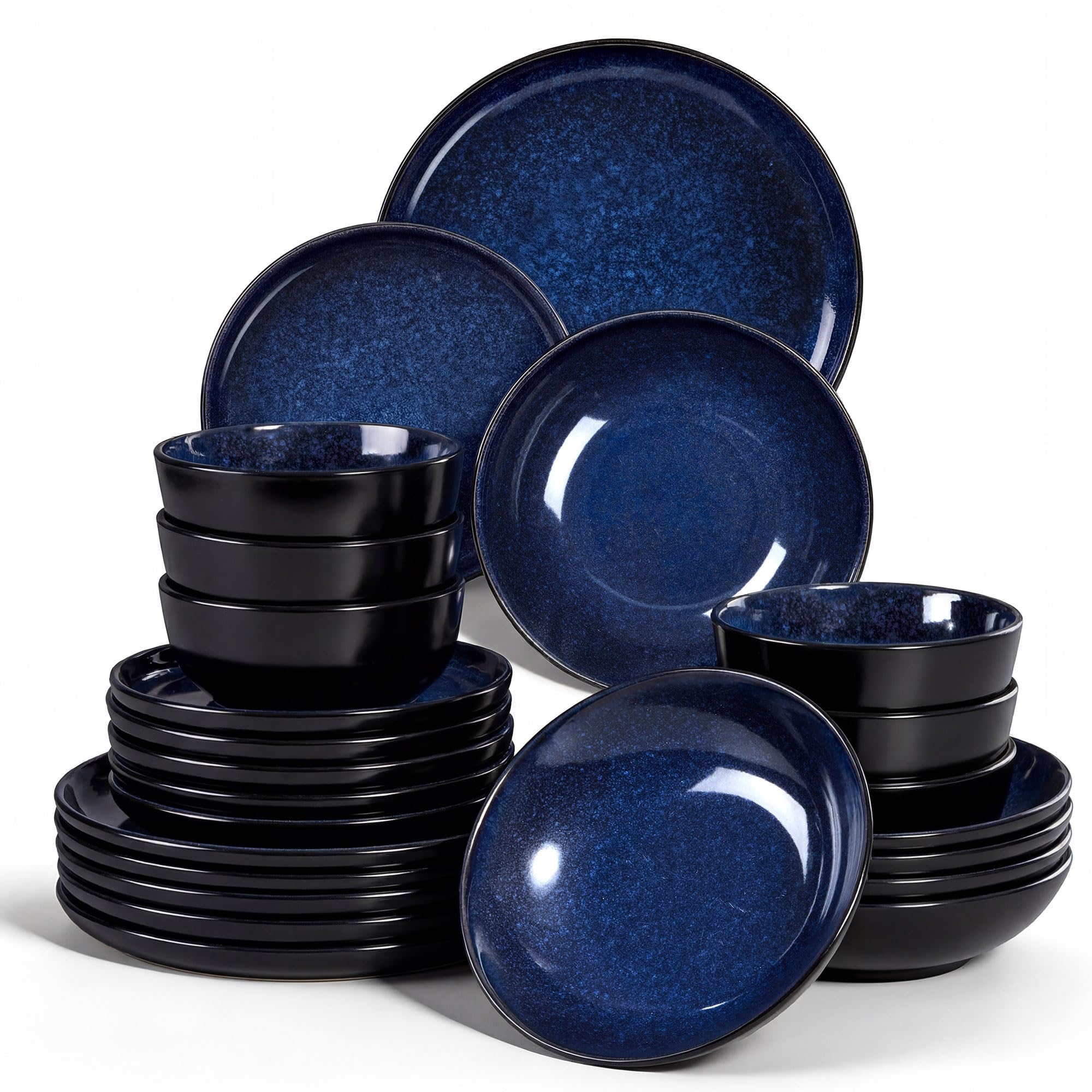 Homikit Set di stoviglie da 6 persone, set da 24 pezzi, in gres, in gres reattivo, con piatti piani, piatti da dessert, piatti fondi, ciotole per cereali, forno a microonde e lavabile in lavastoviglie