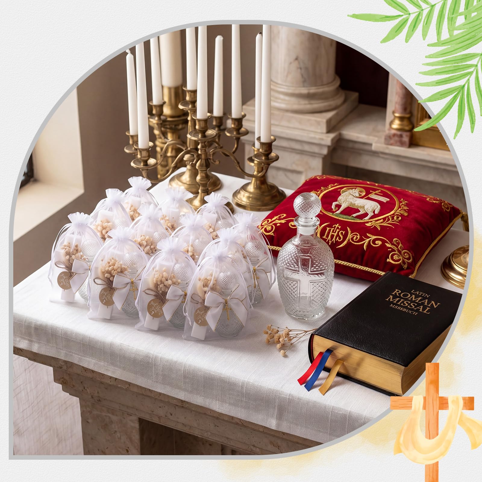 LemonRoad 40 bomboniere per gli ospiti 10 bottiglie in vetro cristiano trasparente e 10 fiocchi con croce dorata, 10 magneti a croce in legno con fiore, 10 sacchetti in organza per chiesa della prima