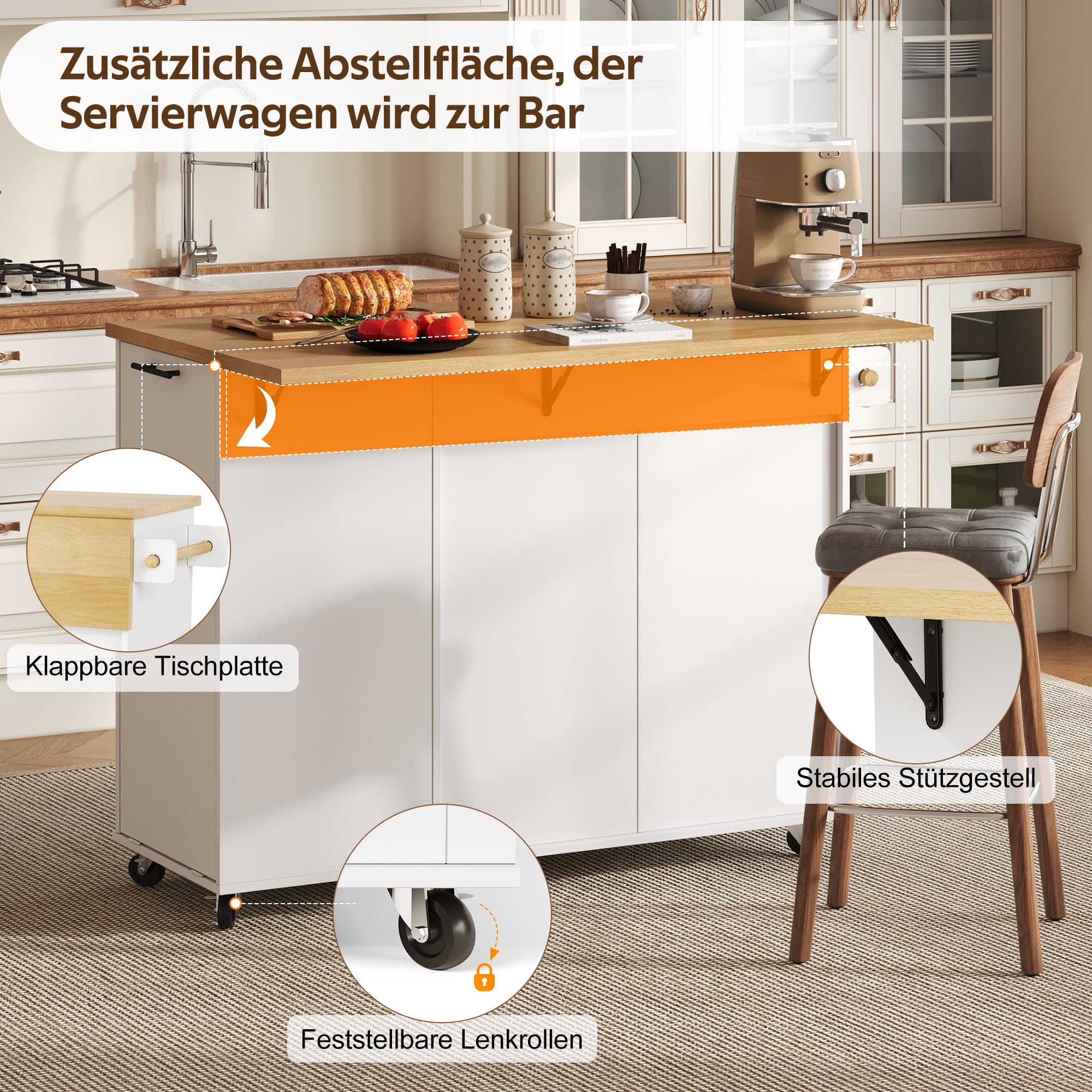 Kücheninsel mit Klappbare Arbeitsplatte(45–70 cm), Hochglanz Küchenschrank mit Mülleimerschrank und Ablage über der Tür, Küchenkommode mit Feststellbare Rollen, für Esszimmer/Küchen