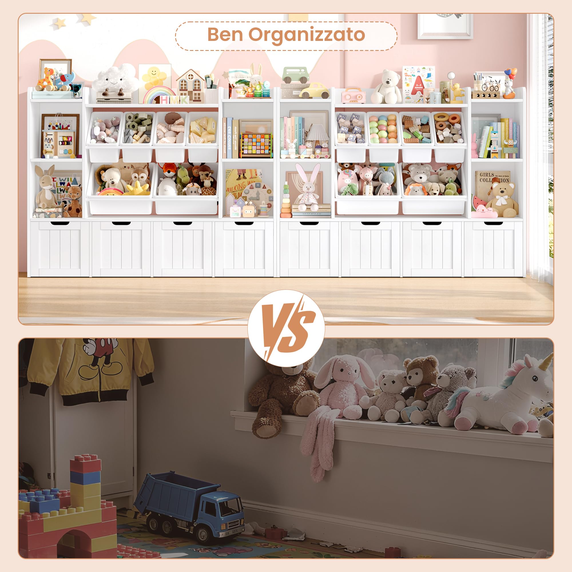FOREHILL Scaffale per Giocattoli con Cassetti su ruote 140x30x106cm Bianco | Scaffale Portagiochi bimbi con 6 Scatole Rimovibili,Archiviazione per Peluche,Altezza adatta bimbi,Per Camerette, Sale Giochi