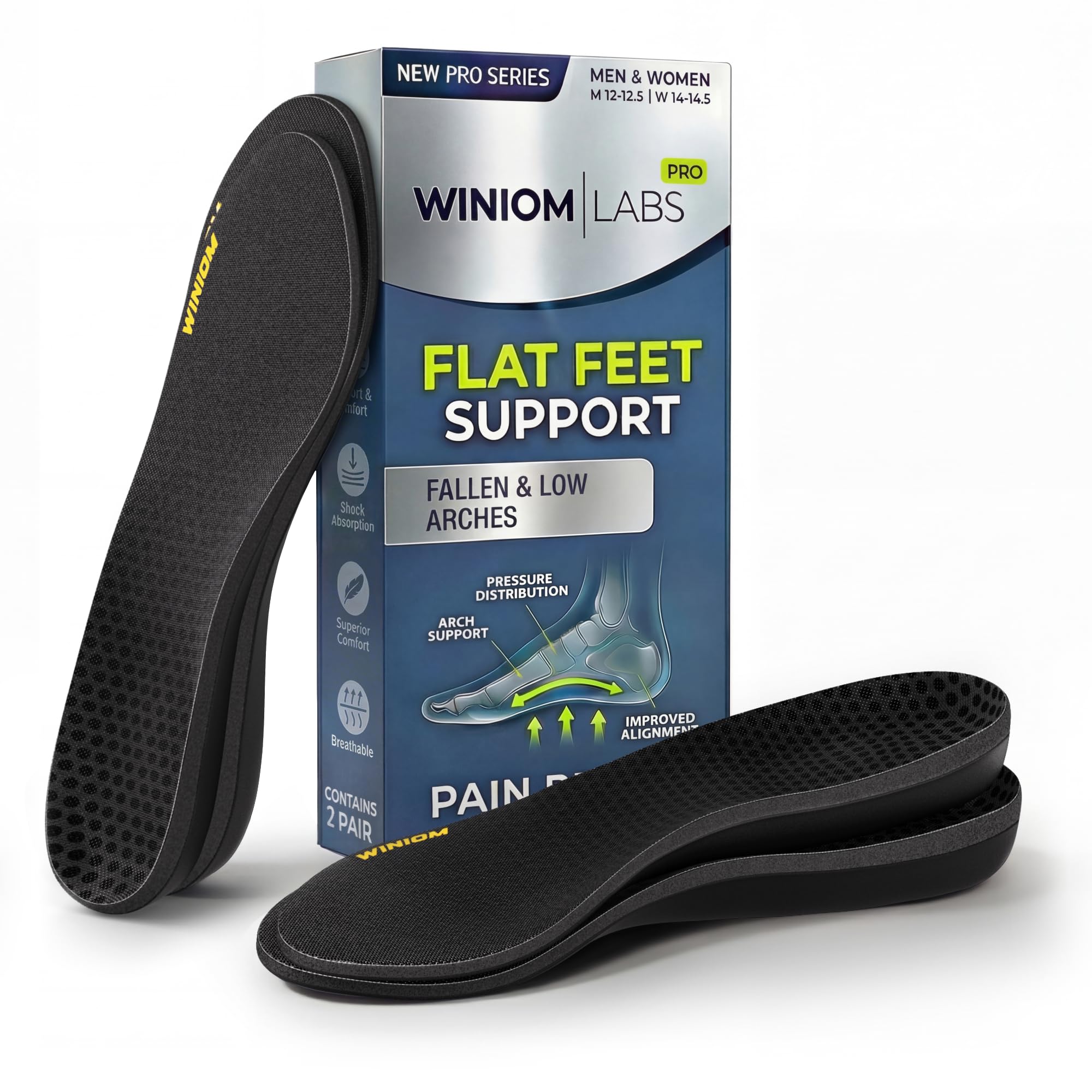 Flat Feet Insoles Men &amp; Women - Orthotic Shoe Inserts with Arch Support for Flat Feet, Overpronation Insoles with Shock Absorption for Heel and Foot Pain Relief (Charcoal (2 Pairs), M 3-3.5 / W 5-5.5)
