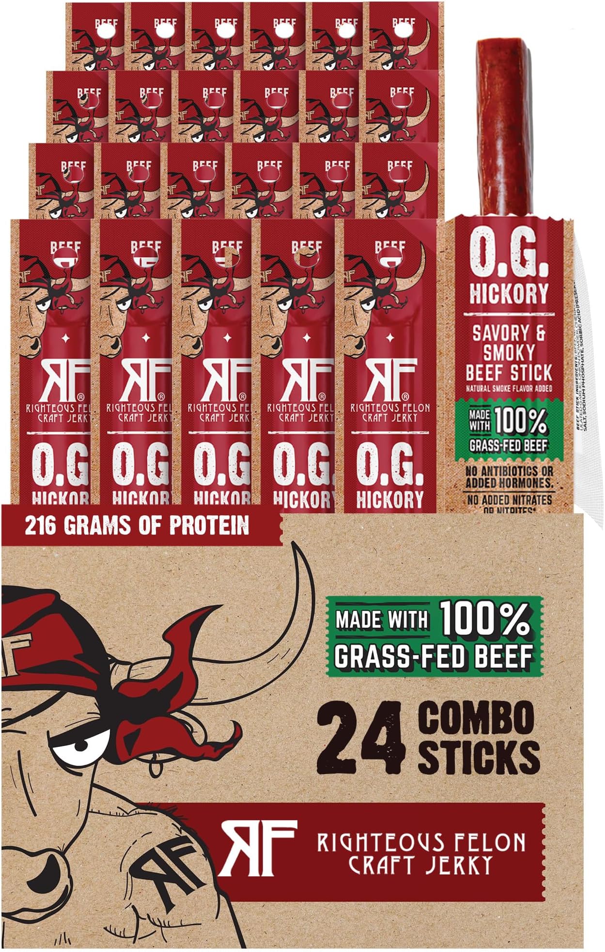- Meat Sticks | 100% Grass Fed Beef | 9g Protein per Stick | Keto, Gluten-Free, Low Sugar, High Protein Snack Sticks | Individually Wrapped | OG Hickory Beef Sticks, 24 Count