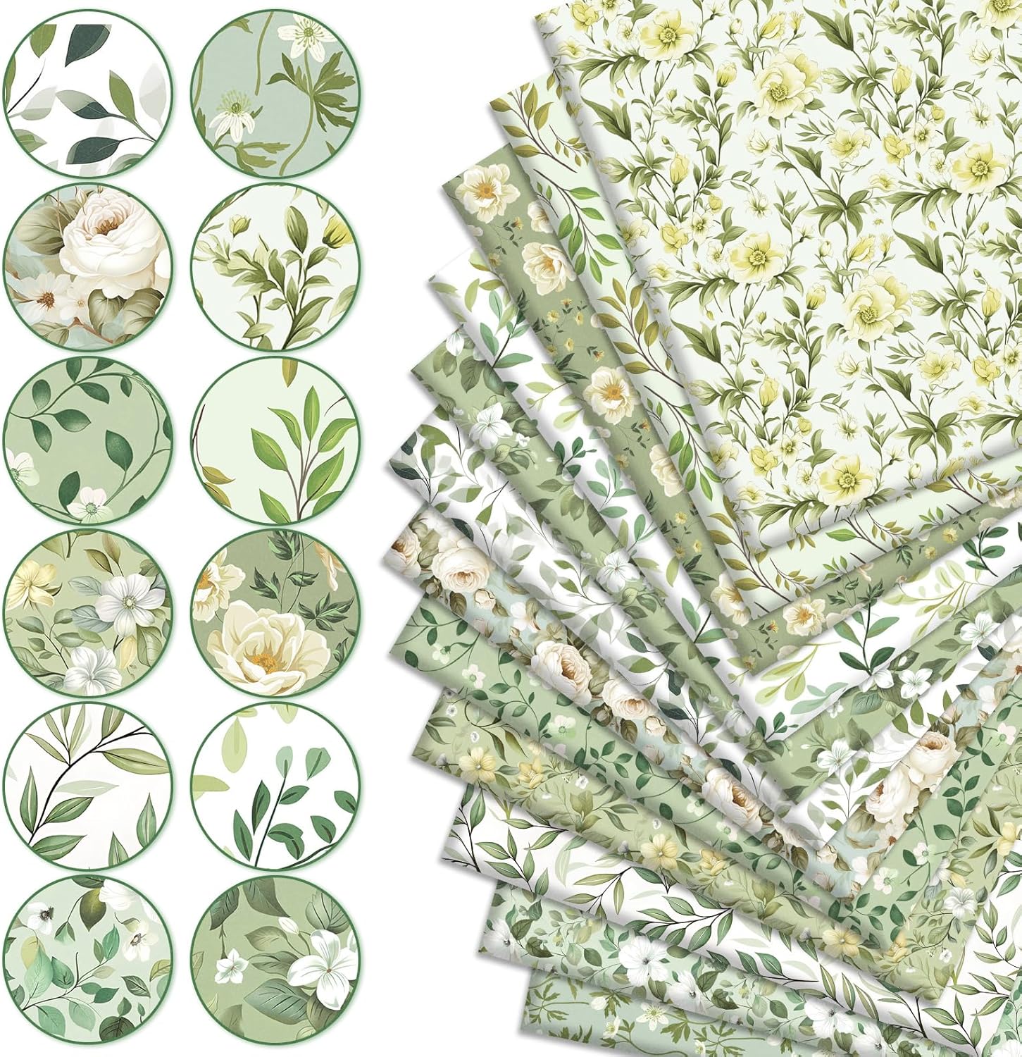 Whaline 12 Pcs Sage Green Floral Cotton Fabric Bundles Watercolor Flower Leaves Fat Quarters Quilting Patchwork for Birthday DIY Sewing Craft Spring Decor, 18 x 22 Inch