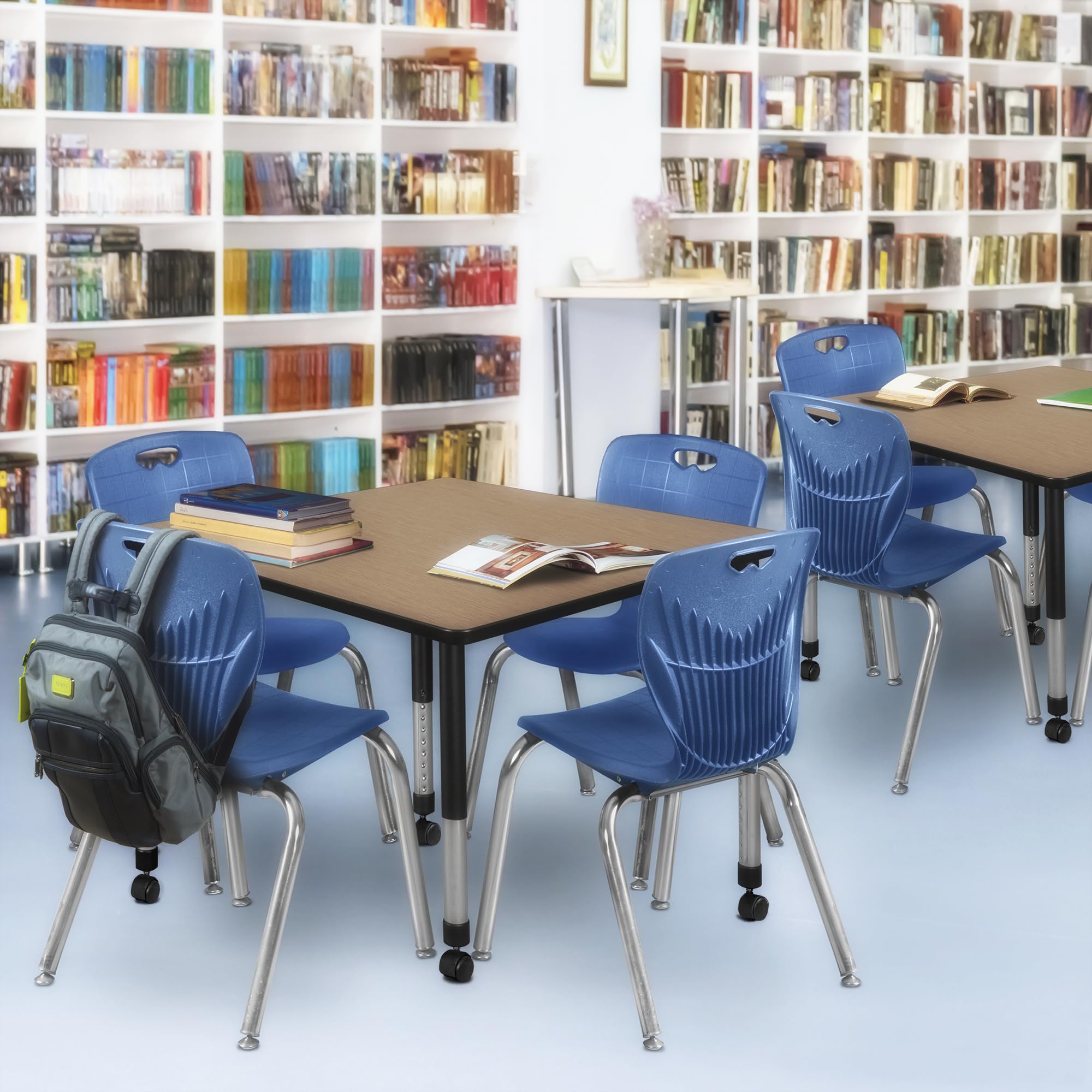 Regency Kee 48 in. Square Mobile Adjustable Classroom Table- Noble Oak Top, Black Base & 4 Andy 18 in. Blue Stack Chairs