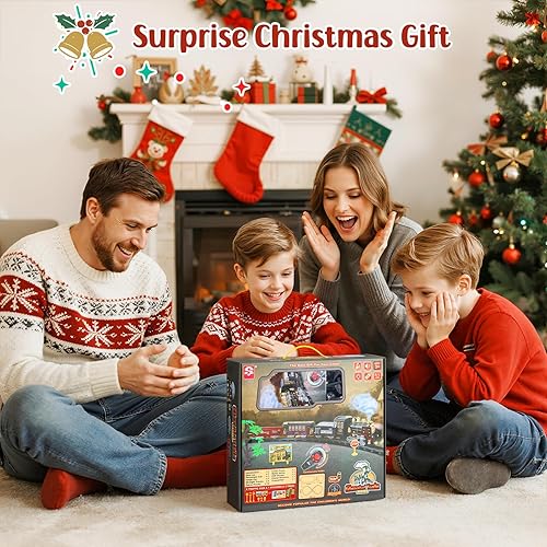 Miniatura 7 de Luxspire Juego de tren de Navidad con control remoto de humo, luces y sonido, juego de tren eléctrico clásico alrededor del árbol, decoración
