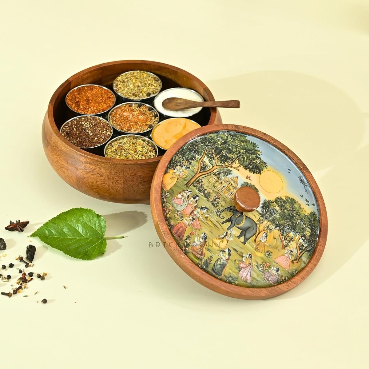 Brick Brown ® Wooden Enamel Coated Saga Masala Box for Kitchen | Spice Box |
