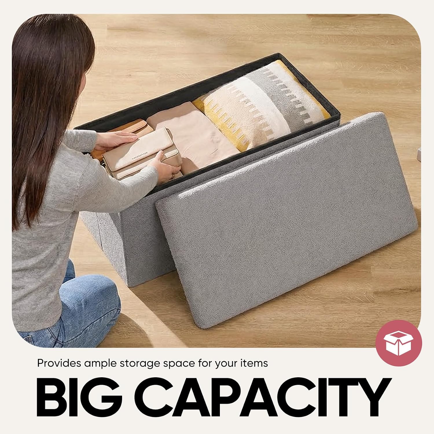 30 Inches Storage Ottoman Bench - Square Ottoman with Sherpa Top,Storage Bench for Bedroom 30" L x 15" W x 15" H-Grey image 3