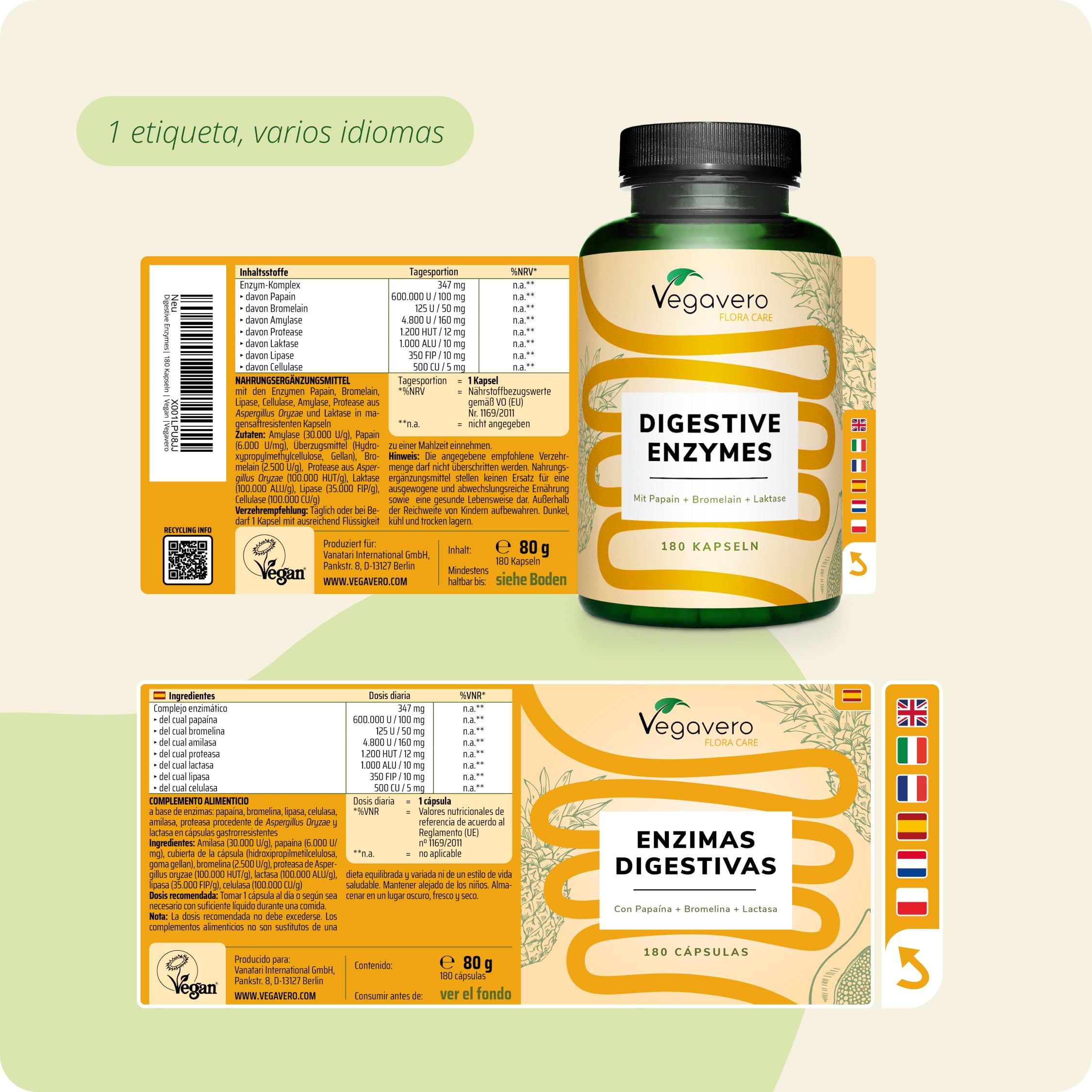 Vegavero Enzimas Digestivas | 7 Enzimas + Lactasa | 180 Cápsulas Entéricas