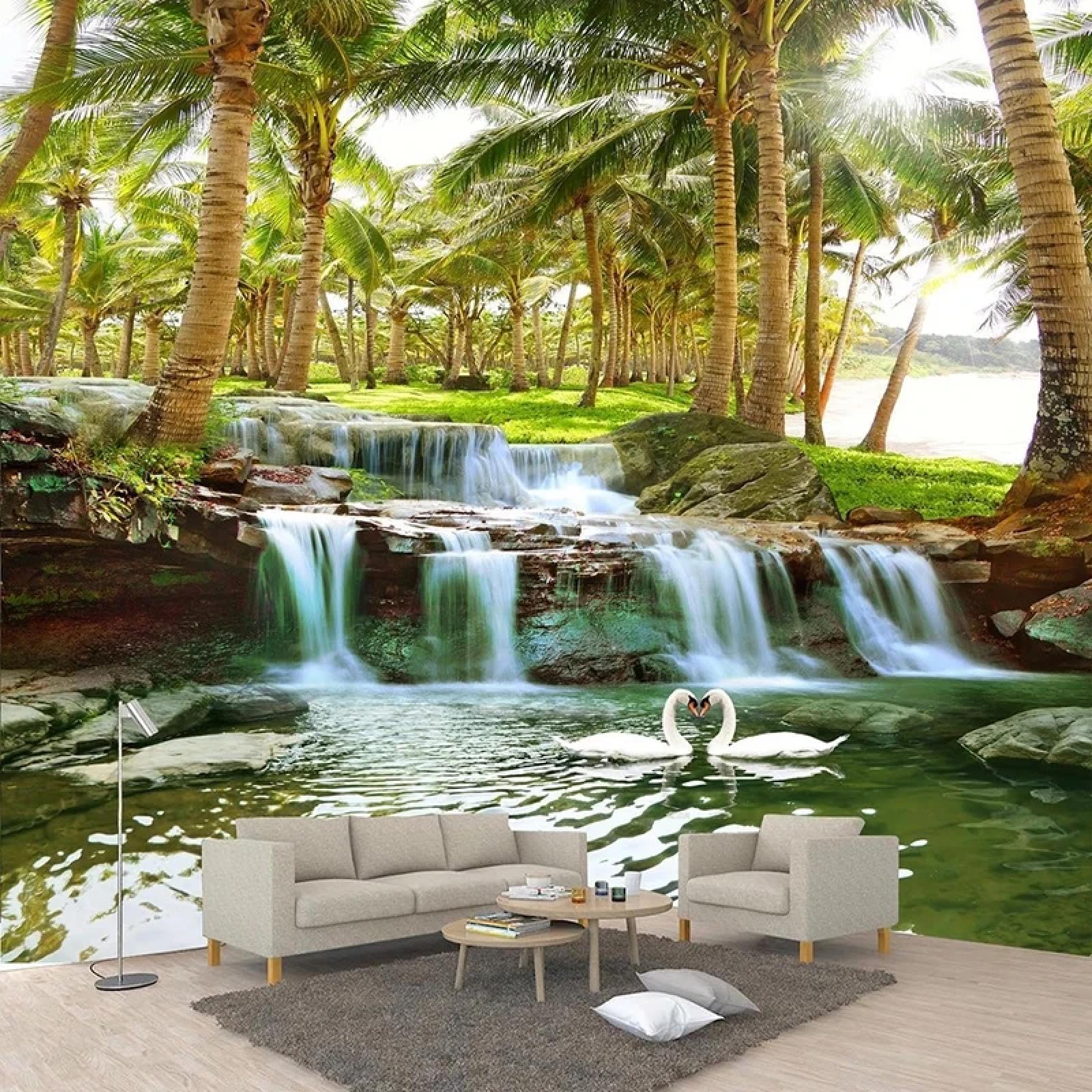 Photo murale 3D cascade et forêt de noix de coco pour chambre
