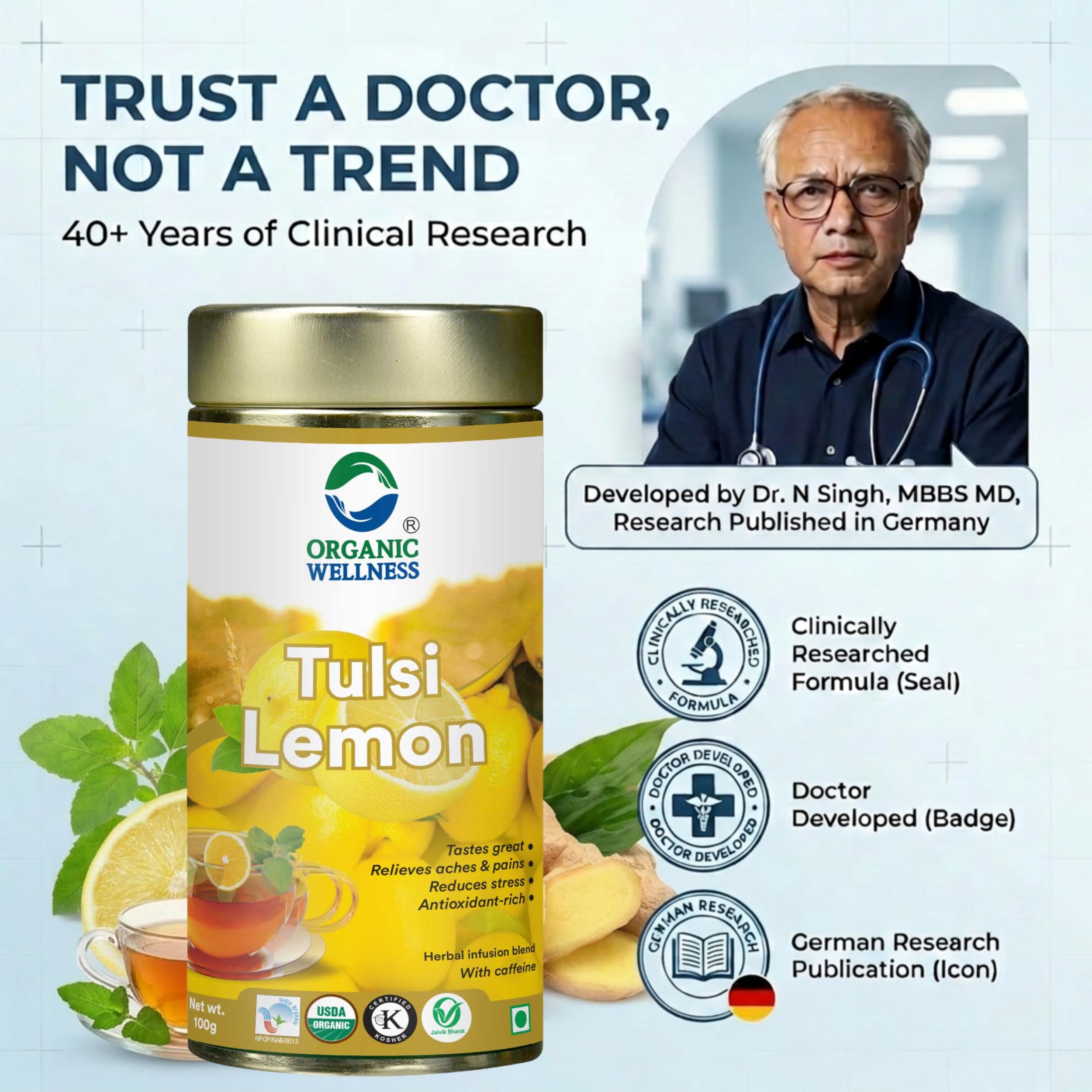 Organic Wellness Tulsi Lemon Herbal Tea 100 Gram Tin | Natural Blend with Tulsi Ginger and Lemongrass | Boosts Immunity Enhances Stamina Supports Weight Management Reduces Stress Refreshing Healthy product image 7