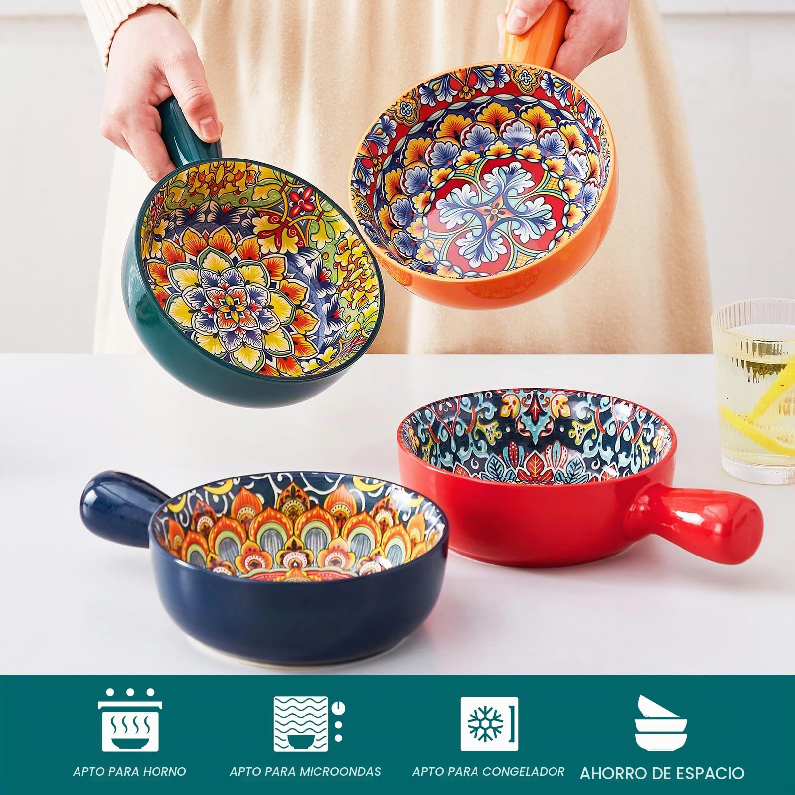vancasso Juego de 4 Tazón de Sopa con Asa, 690ml Tazones de Consomé de Cerámica, Cuencos de Cereales con Cebolla Francesa, Apto para Microondas y Lavavajillas, Estilo Bohemio