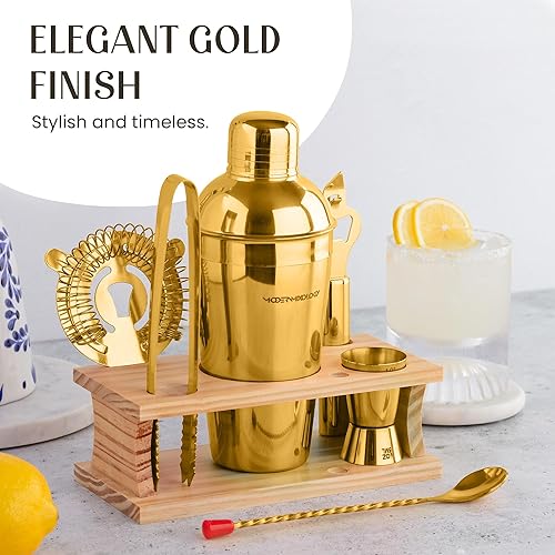 Miniatura 6 de Modern Mixology Juego de coctelera  Kit de camarero de 8 piezas en soporte de pino de calidad  Juego completo de regalo de kit de cóctel  Regalos de