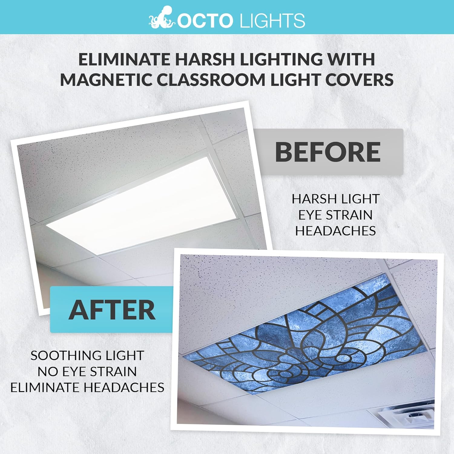 Magnetic Fluorescent Light Cover for Ceiling Lights Classroom 2x4 - High Resolution Magnetic Office Light Filter (Pack of 1) - Eliminate Headaches & Eyestrain - Stained Glass