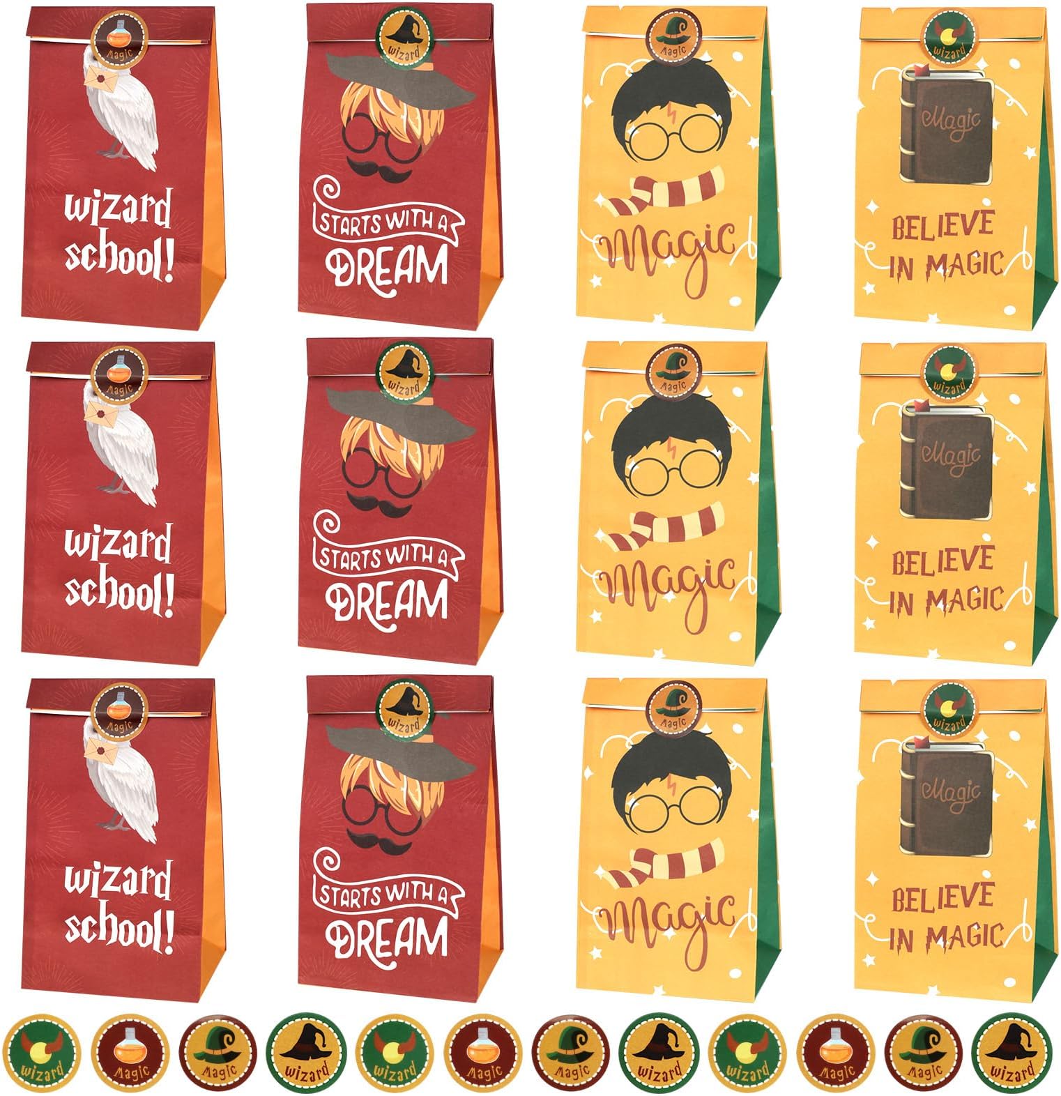 GOTFUN 12 Pcs Magical Wizard Party Gift Bags, Magic Book Gift Paper Bag Reusable Candy Bags with Stickers for Birthday Halloween Magical Wizard Theme Party Supplies