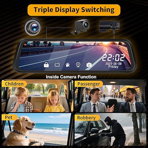 Miniatura 3 de Cámara de tablero WiFi de 3 canales de 9.66 pulgadas con cámara frontal y trasera, pantalla táctil IPS, triple cámara de espejo retrovisor con