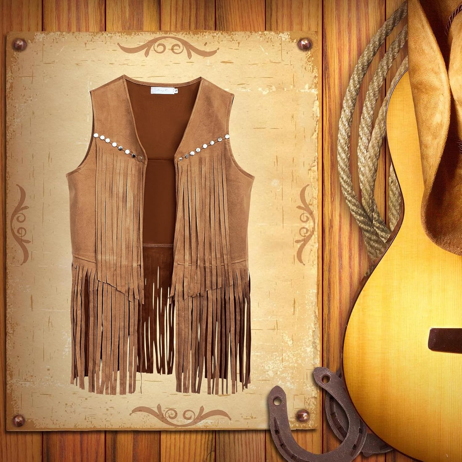 Women's Fringe Vest 60s 70s Hippie Vest Sleeveless Cowgirl Western Faux Suede Tassel Leather Jacket Party Halloween - Image 3