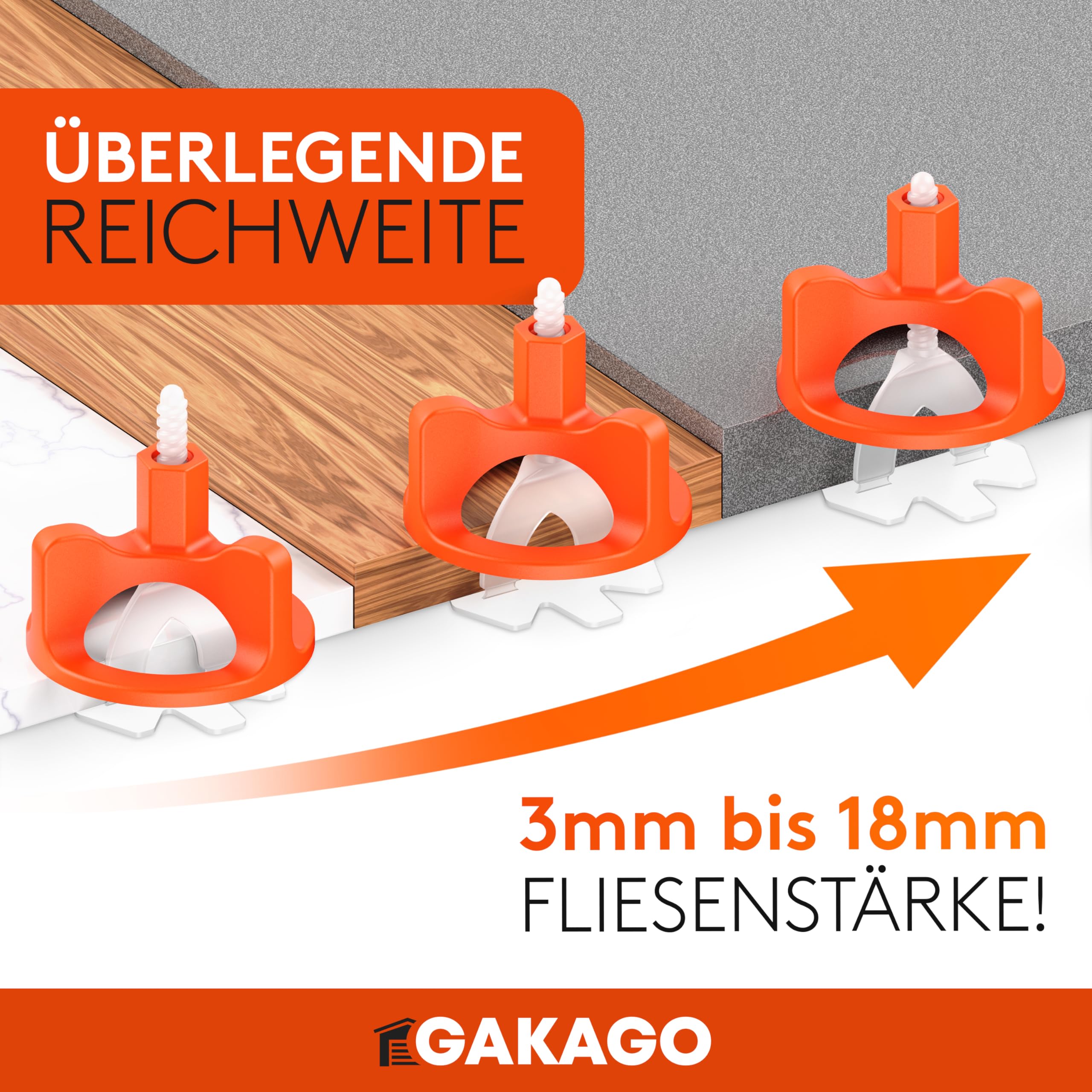 Gakago Fliesen Nivelliersystem 300-tlg. Set 2mm - Verlegehilfe für ein perfektes Fugenbild - Überlegene Reichweite für Fliesenstärken 3-18mm - Fliesenschutz durch Schon-Unterlegscheiben