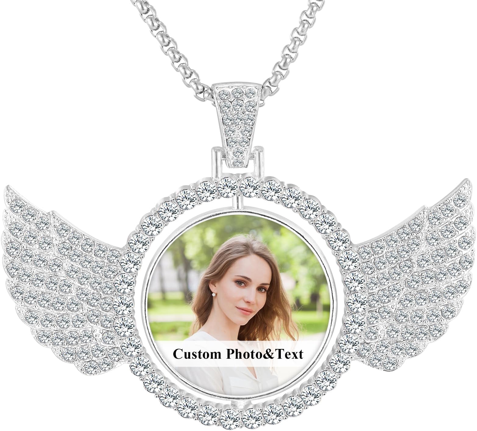 Premium Custom Necklaces with Pictures - Photo Necklace Picture Pendant Personalized Custom Memory Necklaces Angel Wings Round Chain Gifts for Men Women