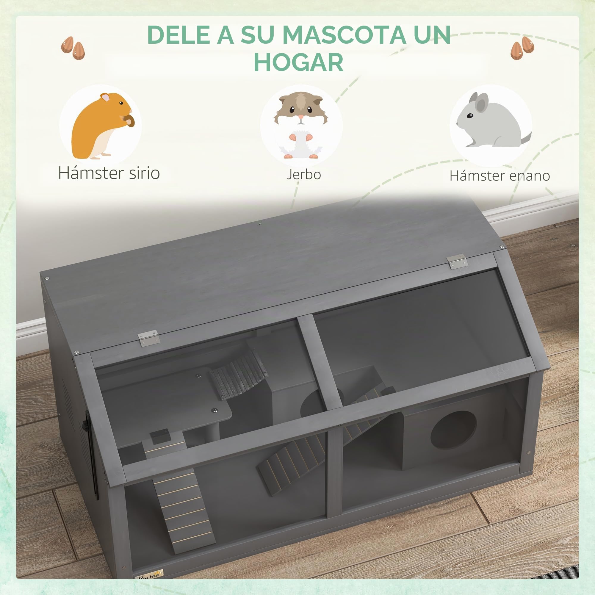 PawHut jaula de madera para hámsters jaula para animales pequeños, con puente colgante, escaleras, caseta, 85 x 45 x 44 cm para roedores con puerta superior, para hámsters enanos, gris oscuro