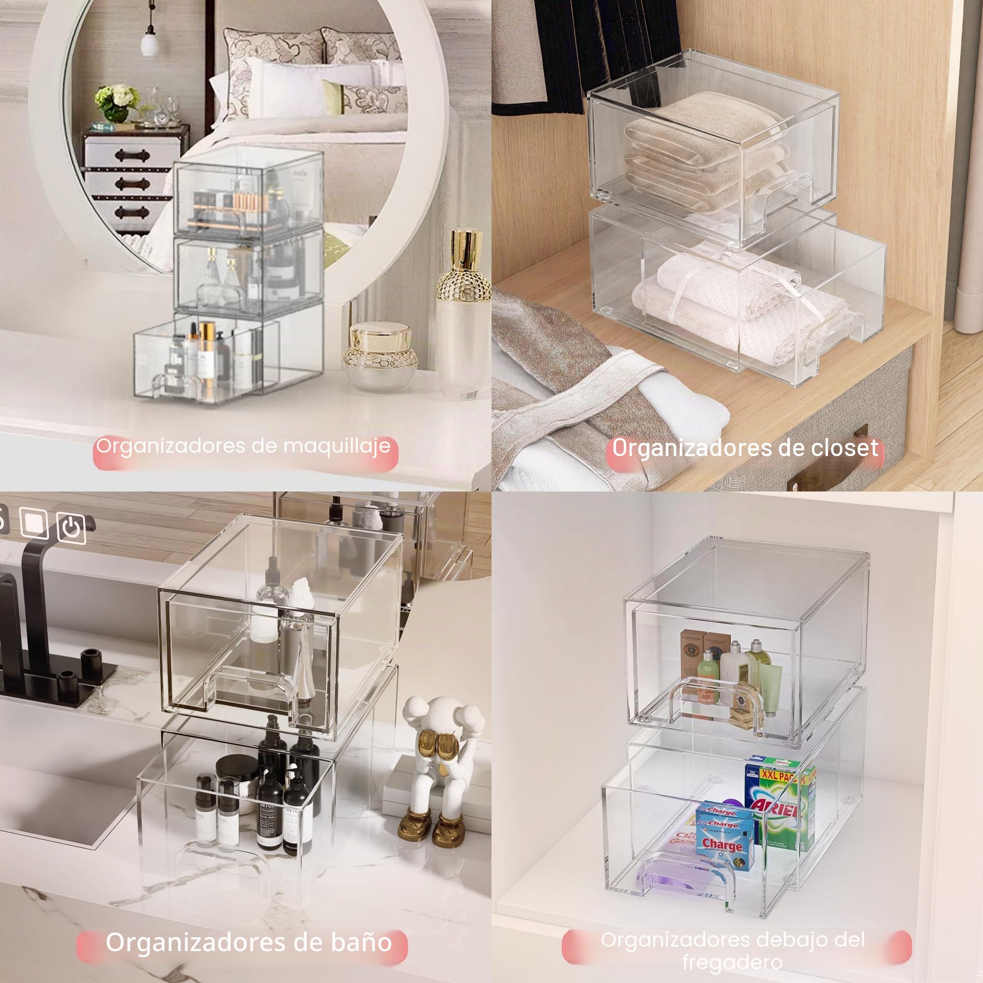 4 Piezas Organizador Apilables Transparentes, Acrílico Organizador Cajones Apilables Cajones Bañocon 32 Antideslizante Antideslizantes para Maquillaje, Baño, Tocador, Refrigerador, Oficina, Cocina