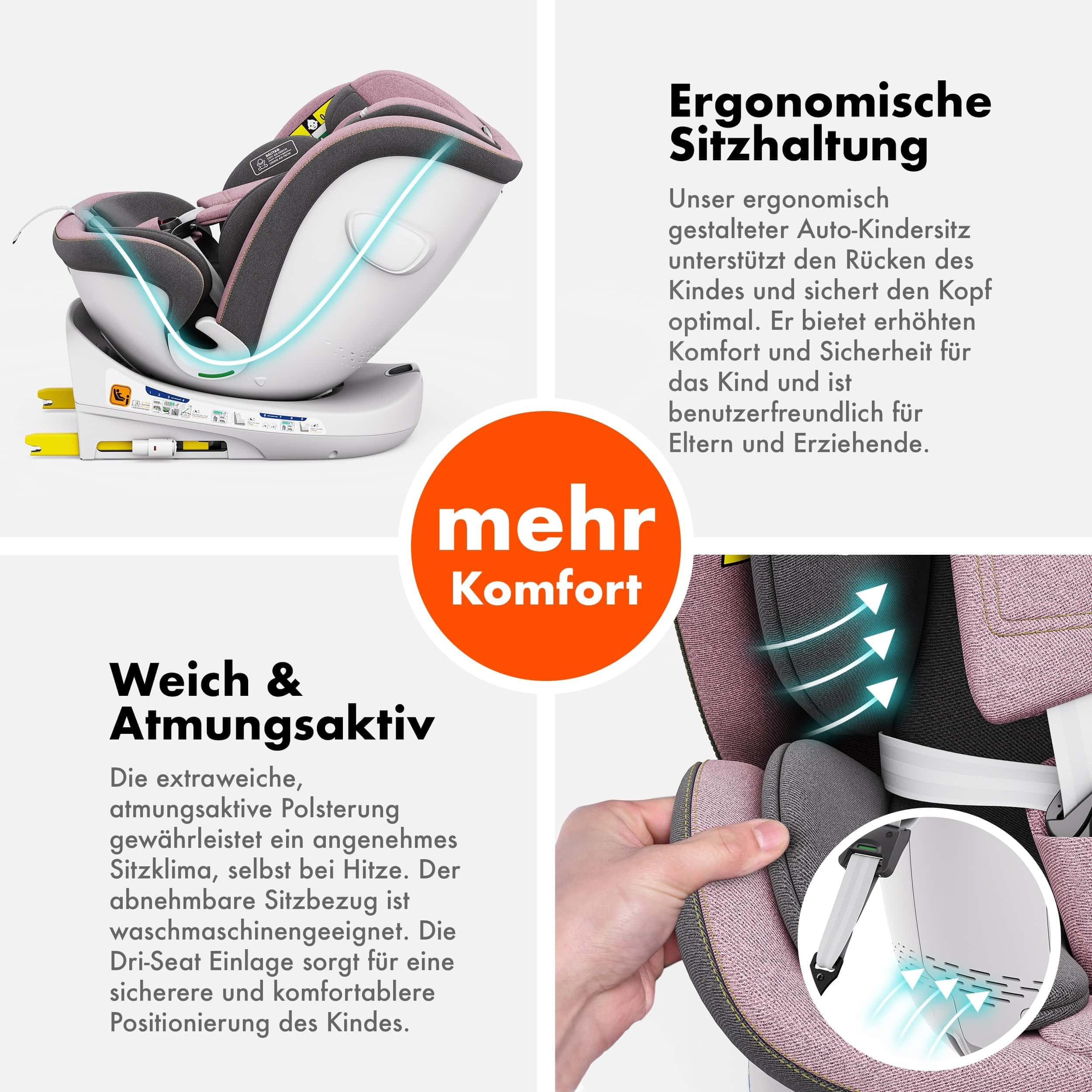 Daliya® Kindersitz ROTAZIONE | I-SIZE 40-150 cm | 8 Pos. | Isofix | (SIP) | Top Tether | 360° | 5 Punkt Gurt | Gruppe 0+ / I/II/III 0-36 KG | Neueste Zulassungs UN ECE Reg. 129 (Rosa)
