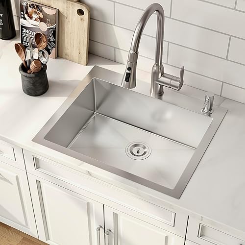 25 Inch Drop In Kitchen Sink 25x22 Topmount 16 Gauge 304 Stainless Steel Brushed Nickel Handmade Single Bowl Sinks 25" x 22" x 9"