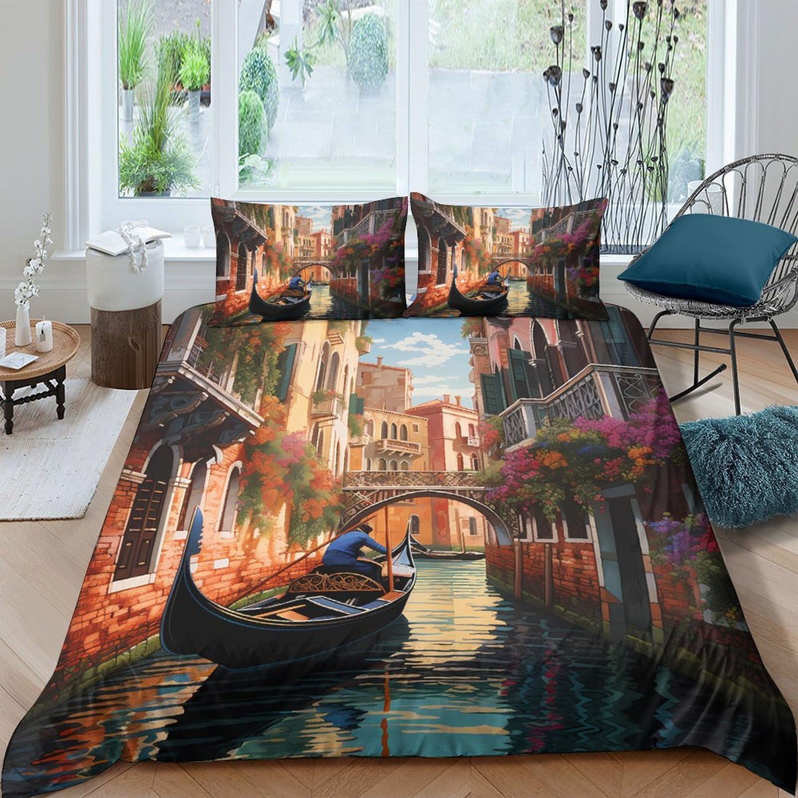 Ctjqhvkz Style-3 3D Printed Venice Canal Fitted Sheet Microfiber Soft Artistic Bed Cover For Bedroom Guest Room Mattress Protection Decor Single（135X200cm）