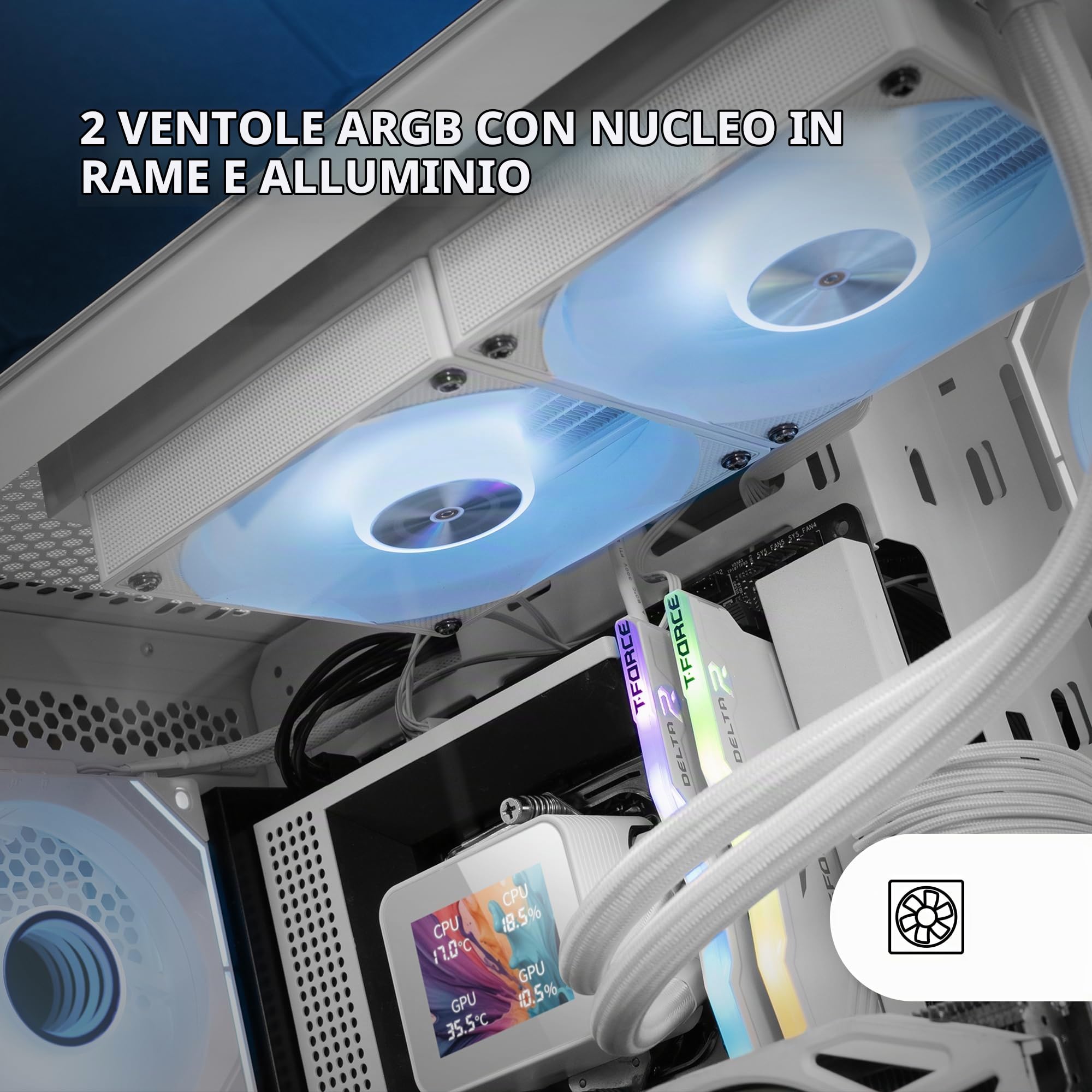 Mars Gaming ML-VISION240, Raffreddamento a Liquido AIO, TDP 500W, 2x Ventole ARGB con Nucleo in Rame e Alluminio FDB, Schermo LCD IPS 4:3 Rotazione a 360° e Software, Multisocket Universale, Bianco