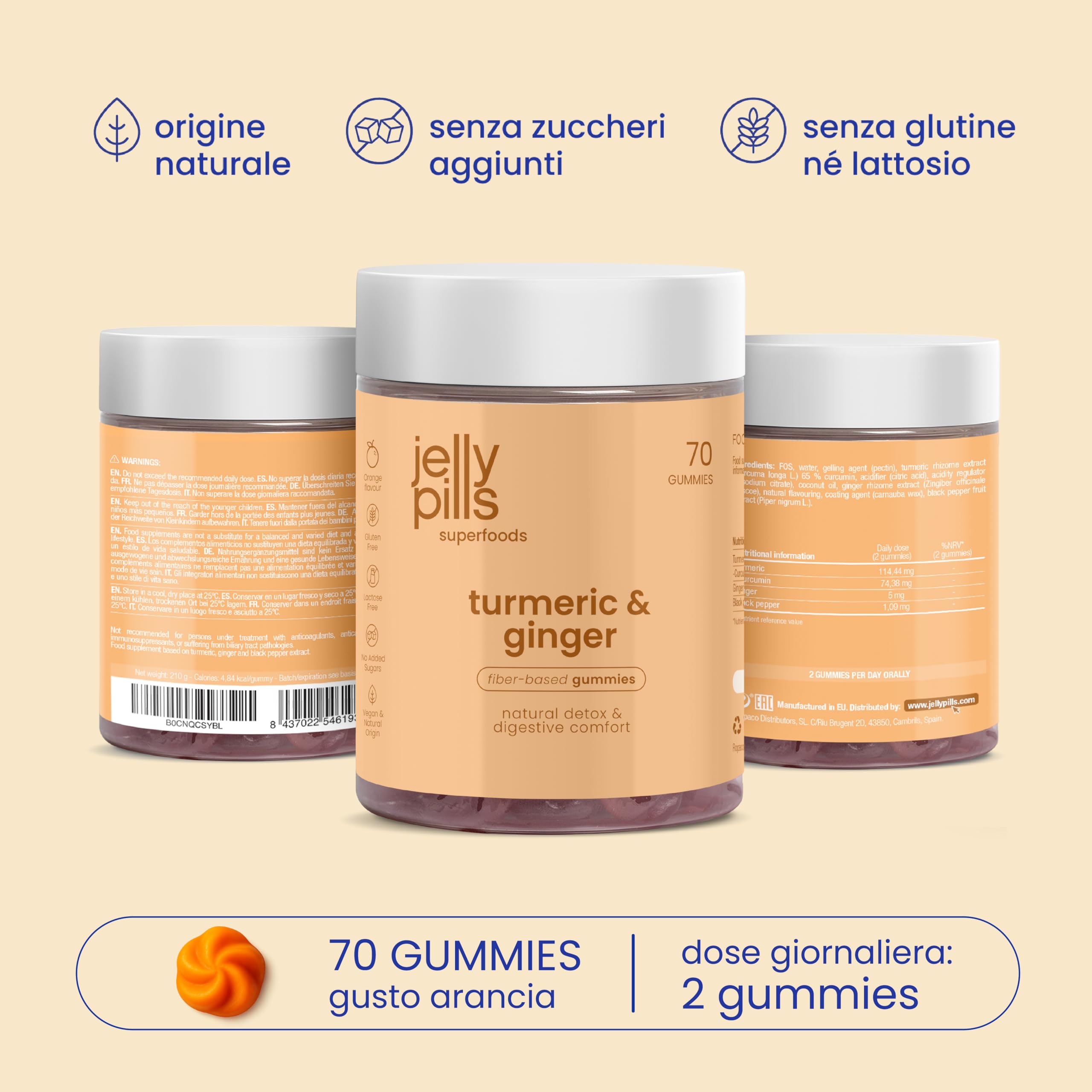 Jelly Pills Gommose Curcuma con Zenzero Piccante e Pepe Nero - Fonte di Curcumina e Piperina - 70 Gummies Vegane - Senza Zuccheri Aggiunti - Gusto Arancia Naturale - Salute Digestiva