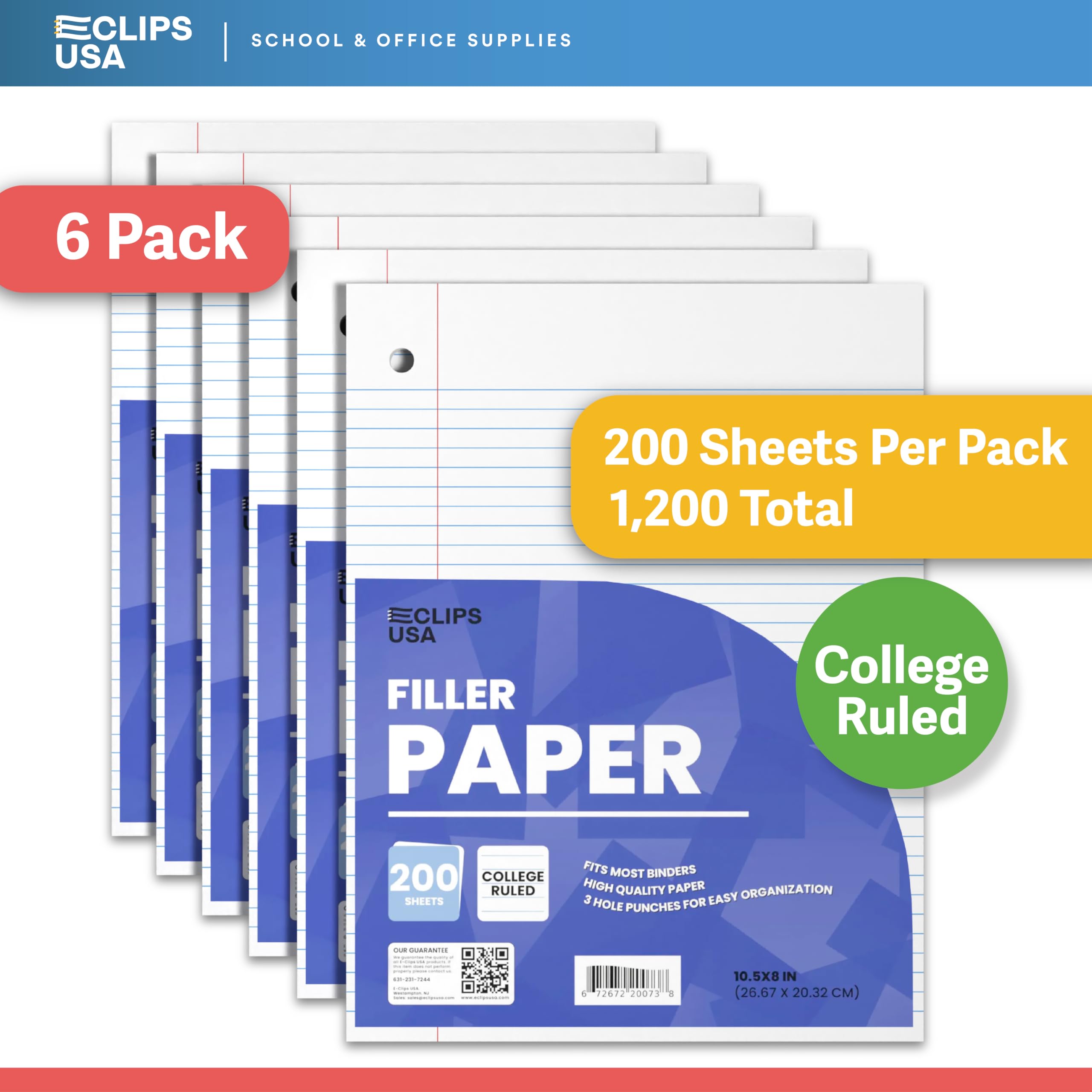 Notizbuchpapier, College-Papier, liniert, lose Blätter, 6 Stück, Füllpapier, 26,7 x 20,3 cm, Füllpapier, 200 Blatt pro Packung, 60 g/m² (6 Stück)