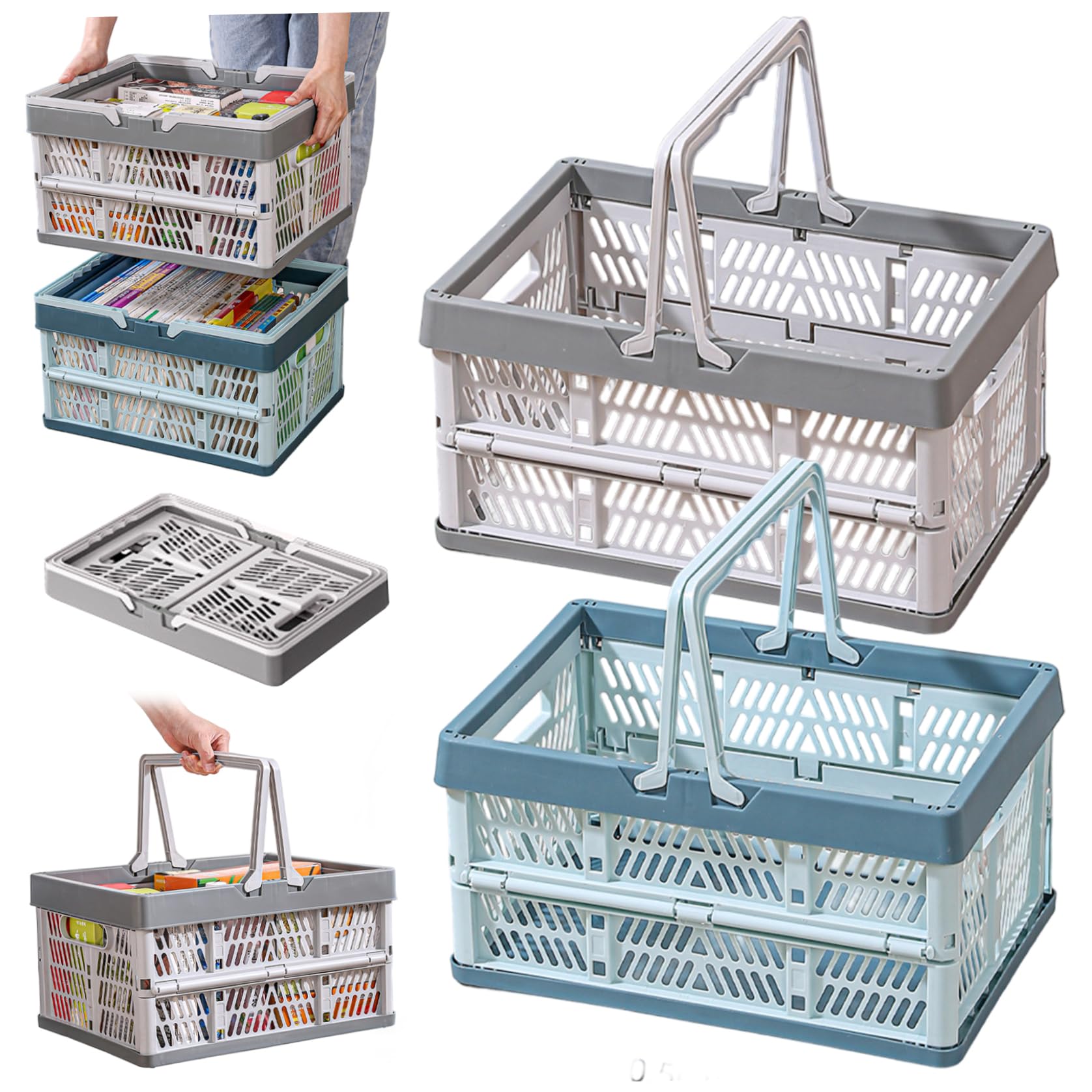 Panier de magasinage pliable portable en plastique avec poignées pour rangement maison