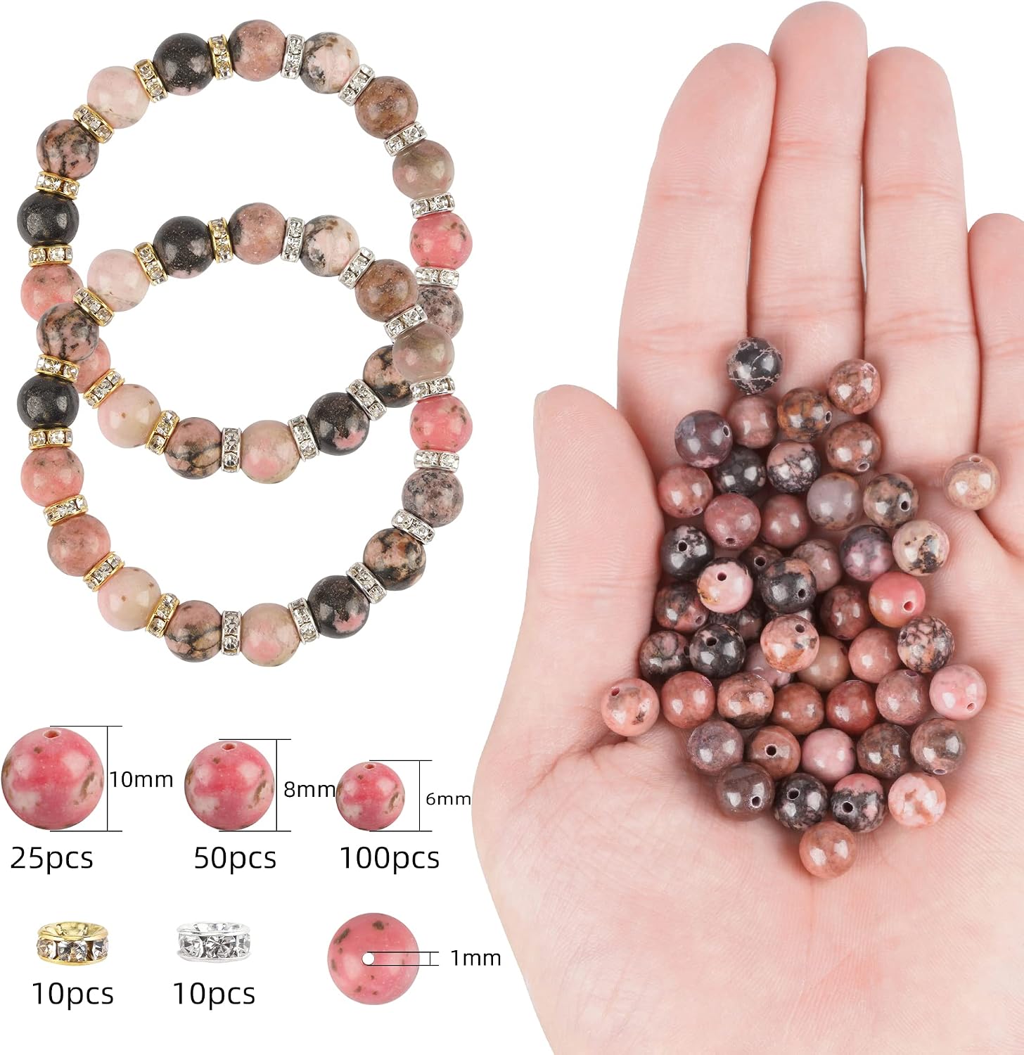 175PCS Pink Black Rhodonite Beads,6mm 8mm 10mm Bulk Round Nature Gorgeous Chakra Beads Loose Semi Precious Beads for DIY Bracelet Necklace Jewelry Making with Crystal Spacer Beads Strings