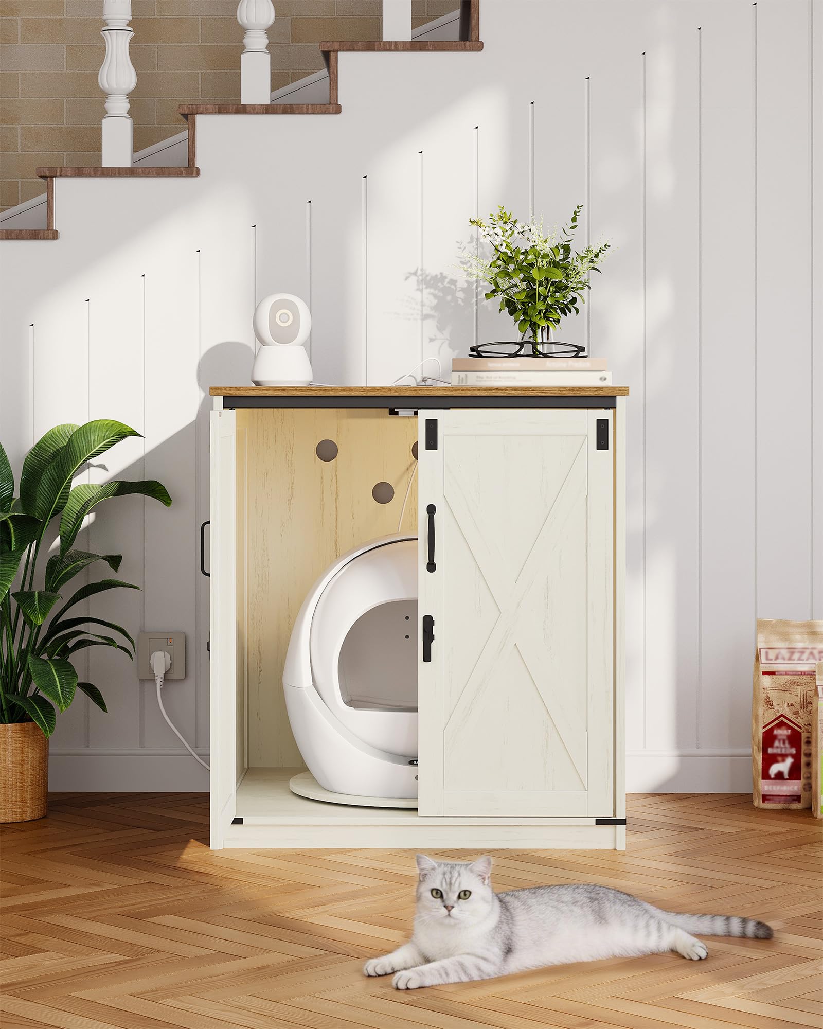 Hzuaneri Mueble Arenero Gato Grande, Caseta Madera Escondite Arenero para Arenero Autolimpiante con Plataforma Giratoria y Estación de Carga, con Cerradura, 82x70x90cm, Marrón Vintage y Blanco